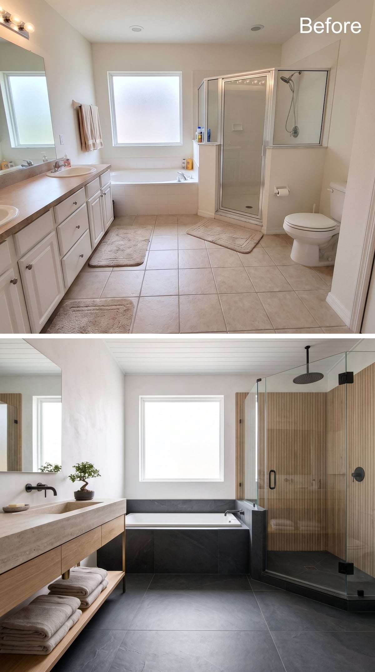 Slatted Wood Shower Walls, Concrete Vanity, and Slate Floors That Pull It All Together