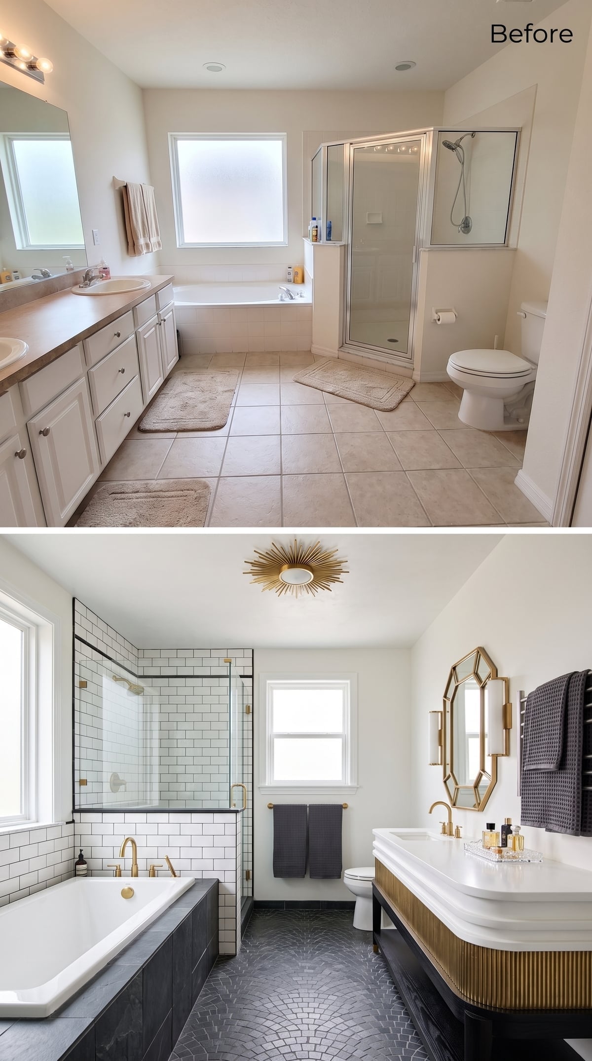 Sunburst Ceiling Fixture, Subway Tile Shower, and Slate Hex Floor Done Right