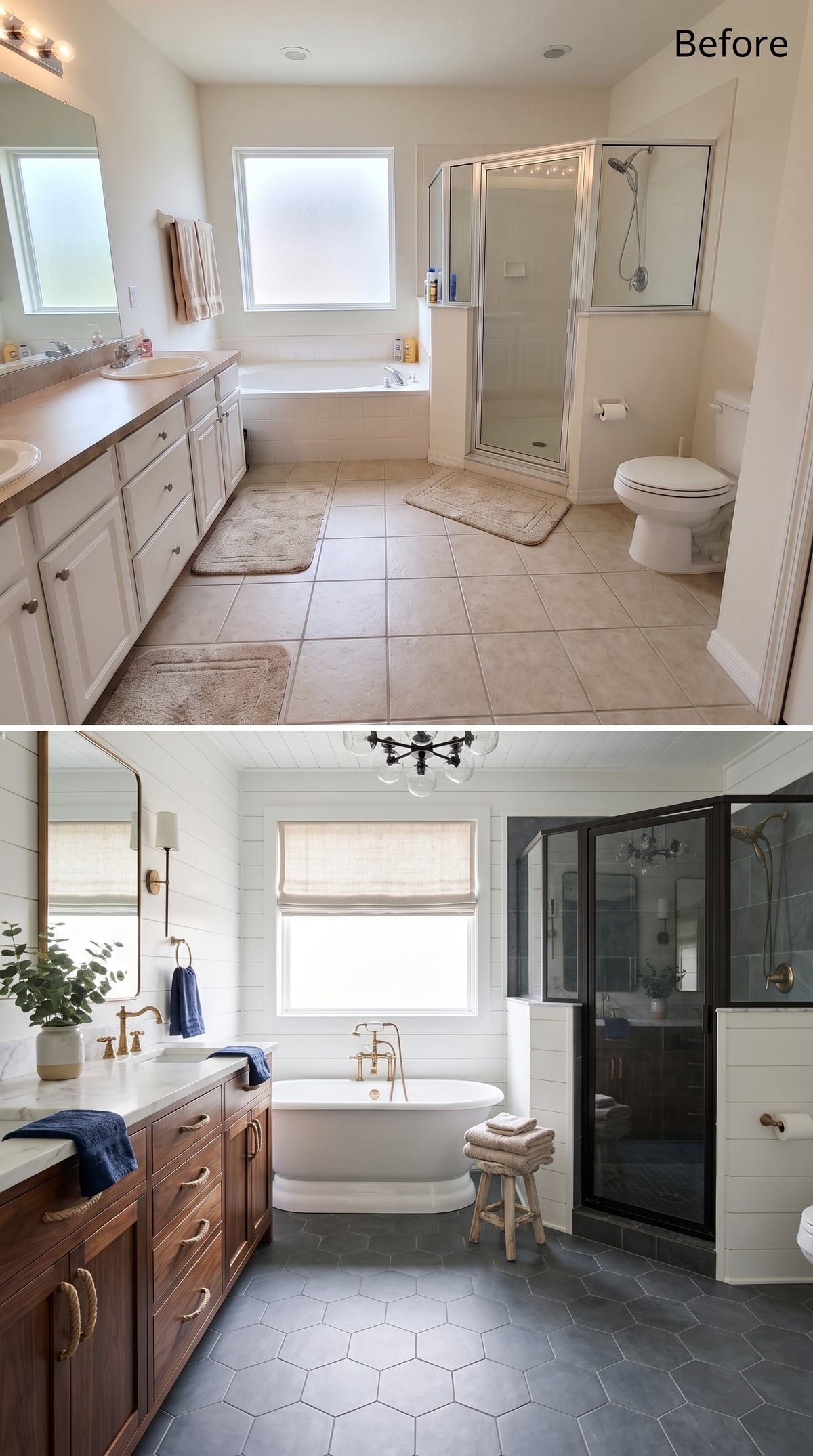 Walnut Vanity, Black Shower Frame, and Hexagon Slate That Runs the Whole Room