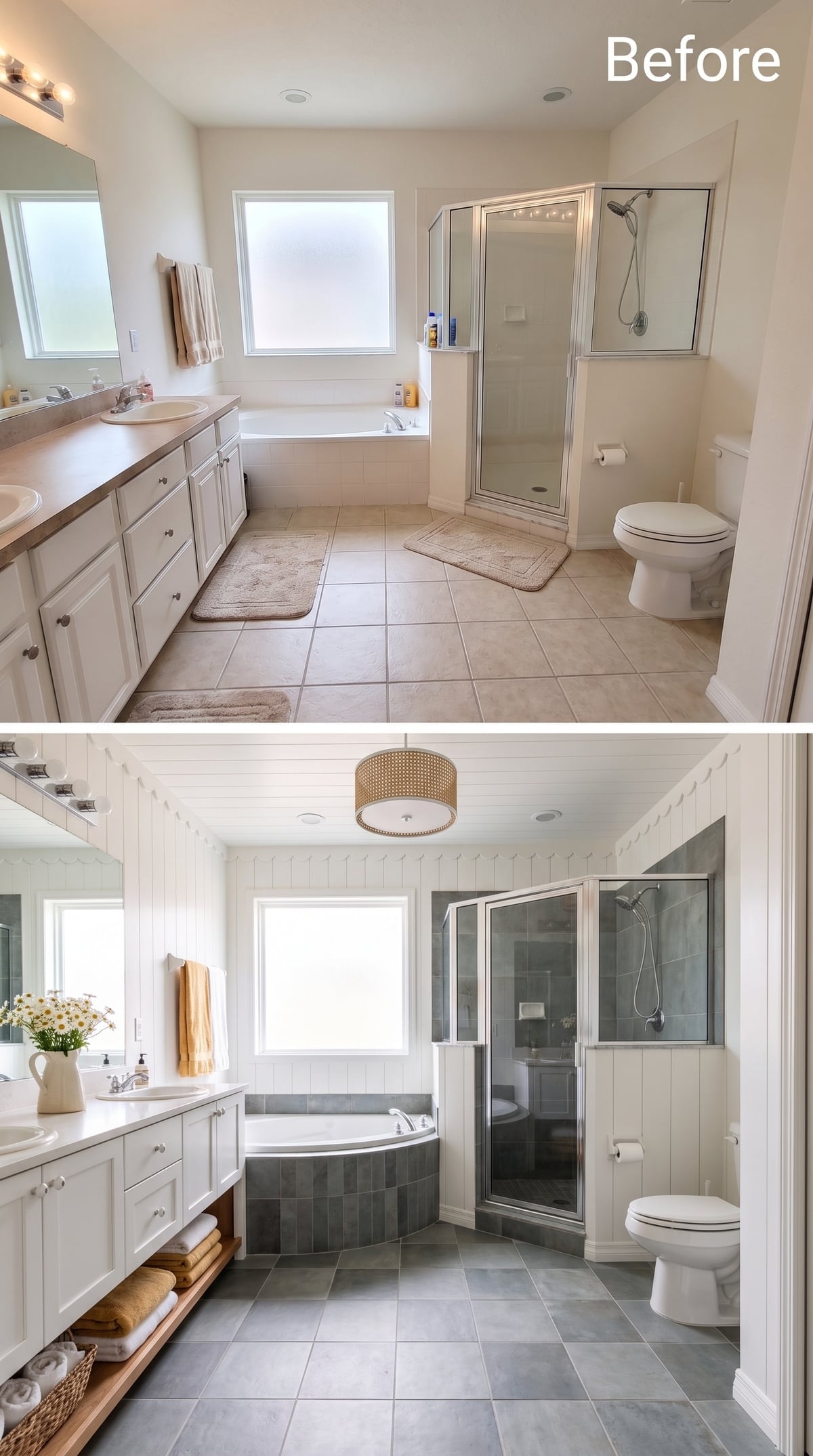 Woven Rattan Pendant, Corner Soaker Tub, and Vertical Shiplap That Pulls It All Together