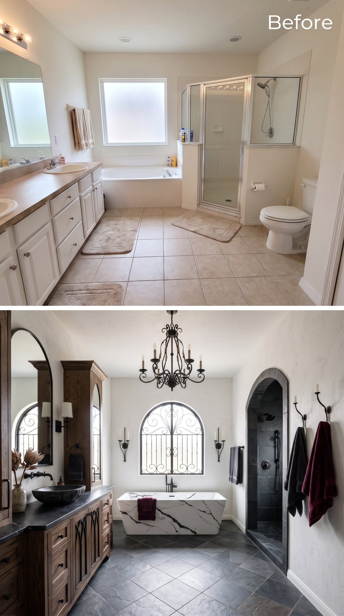 Wrought Iron Chandelier, Marble Soaker, and an Arched Shower Nobody Could Have Predicted