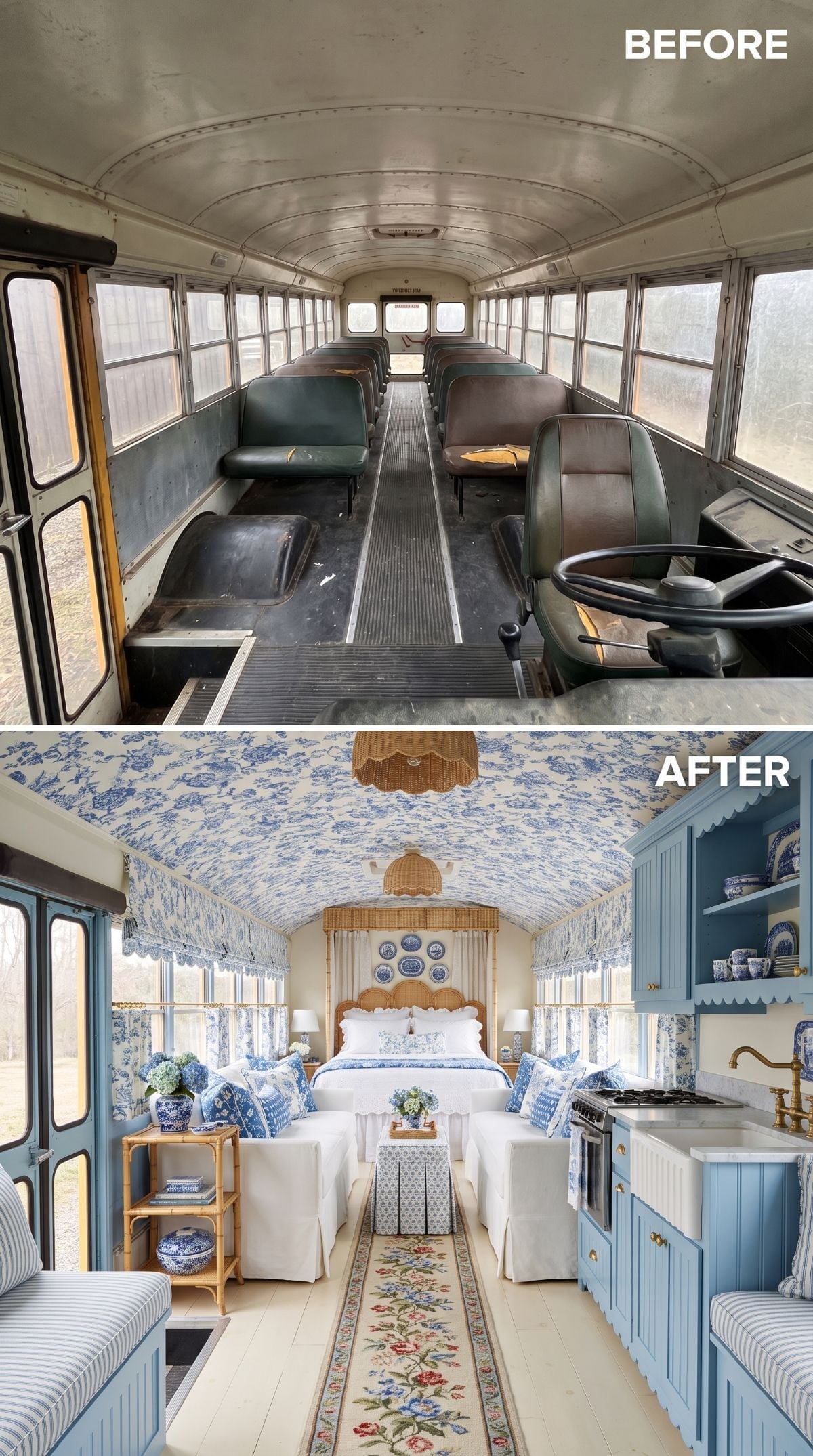Blue Toile, Brass Fixtures, and a Skoolie That Somehow Became a Country House Hotel Room