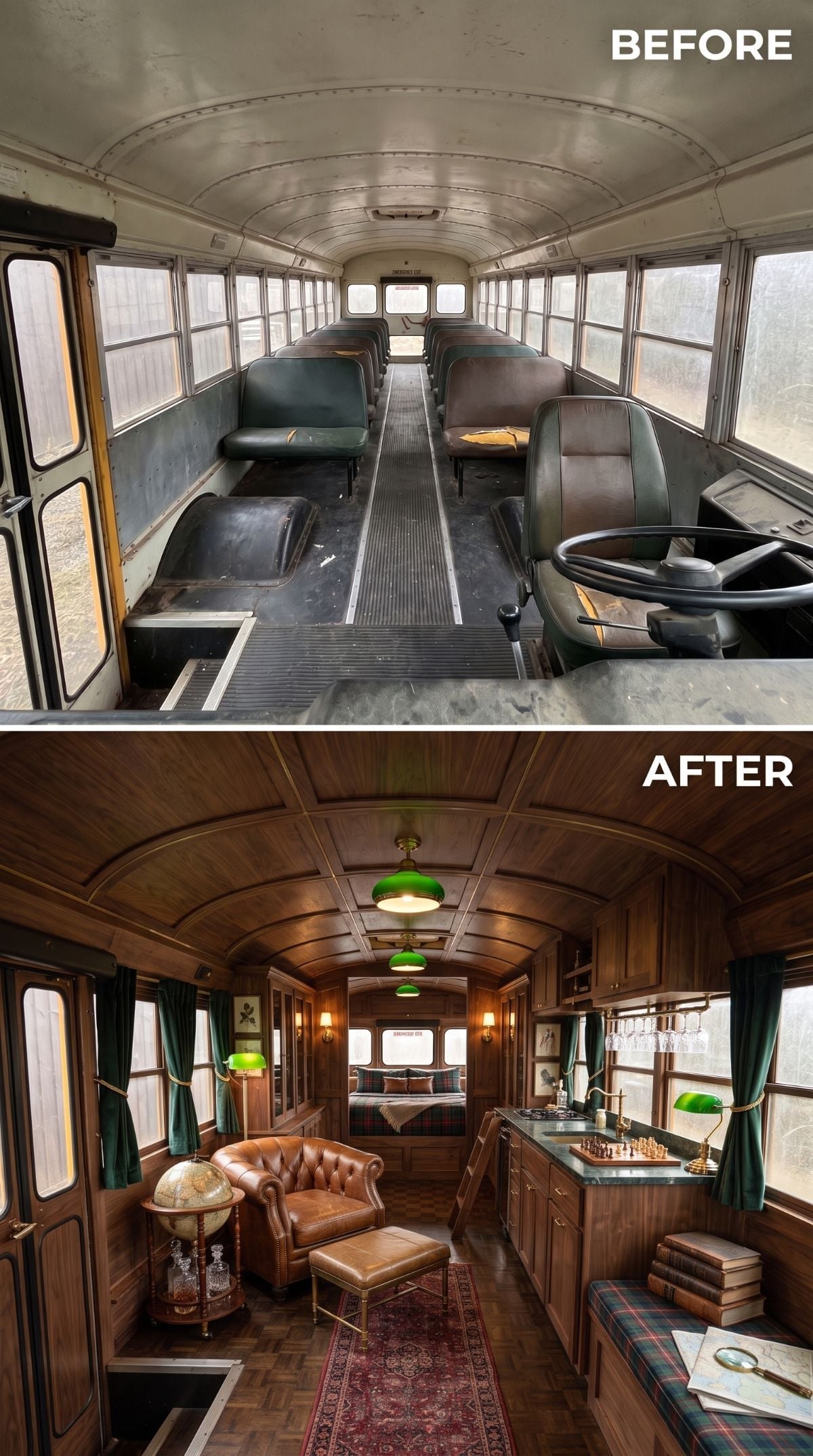 Dark Walnut Paneling, Banker's Lamps, and a Skoolie That Became a Gentleman's Club