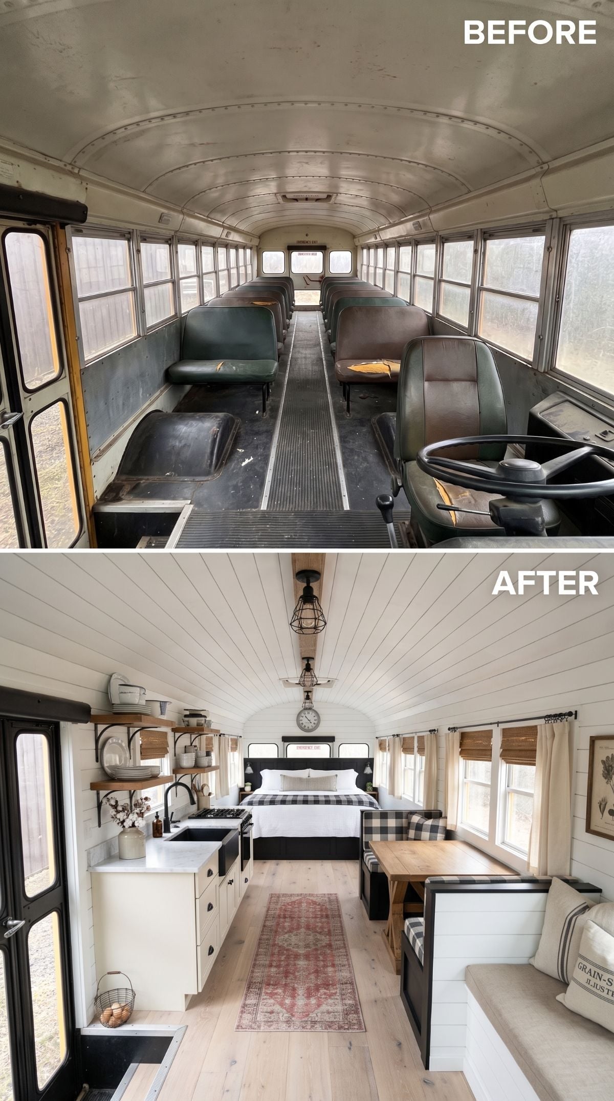 Farmhouse Skoolie With Shiplap Walls, Buffalo Check, and a Bed That Faces the Road