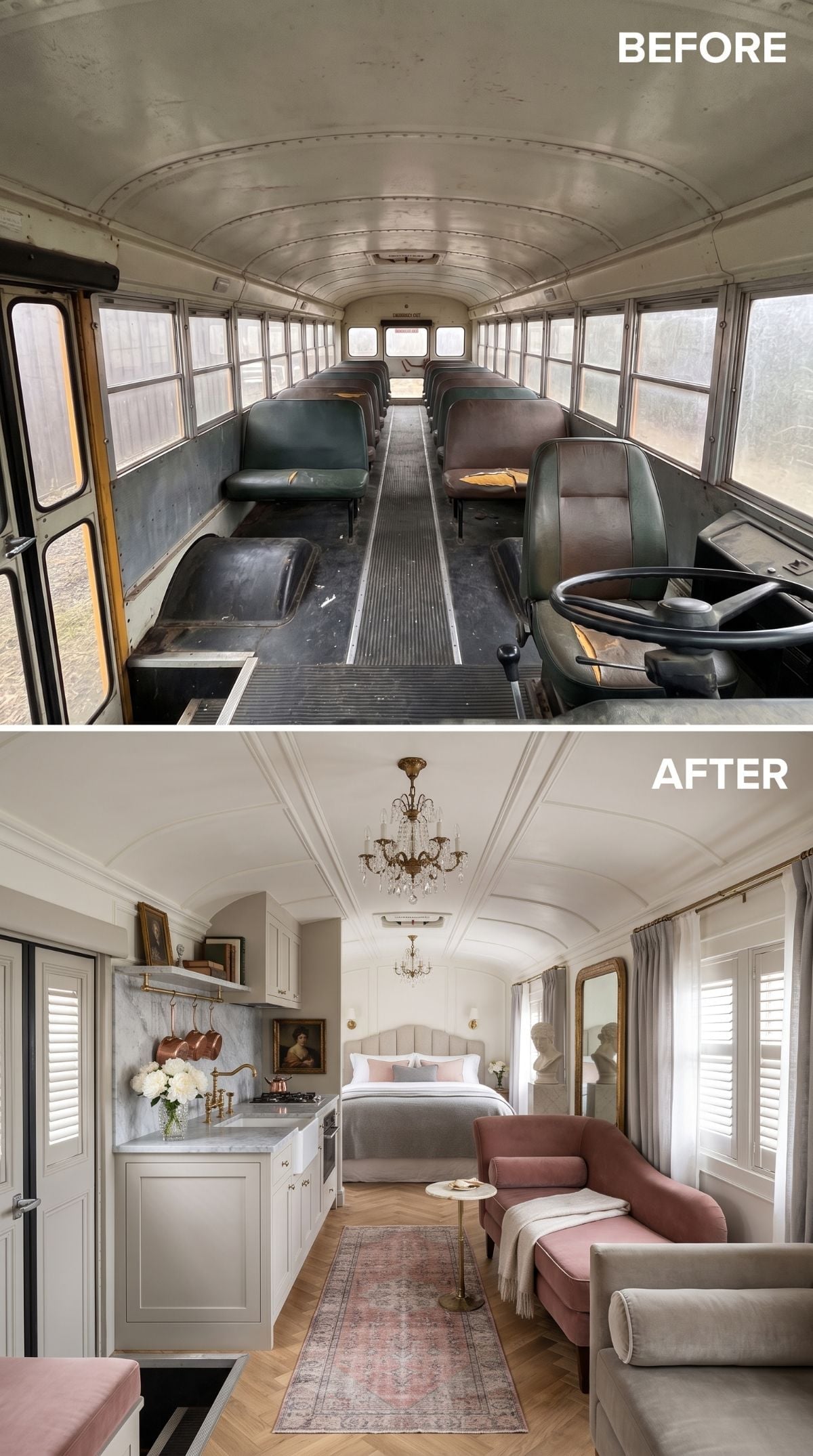Marble Counters, Crystal Chandeliers, and a Skoolie That Forgot Every Rule