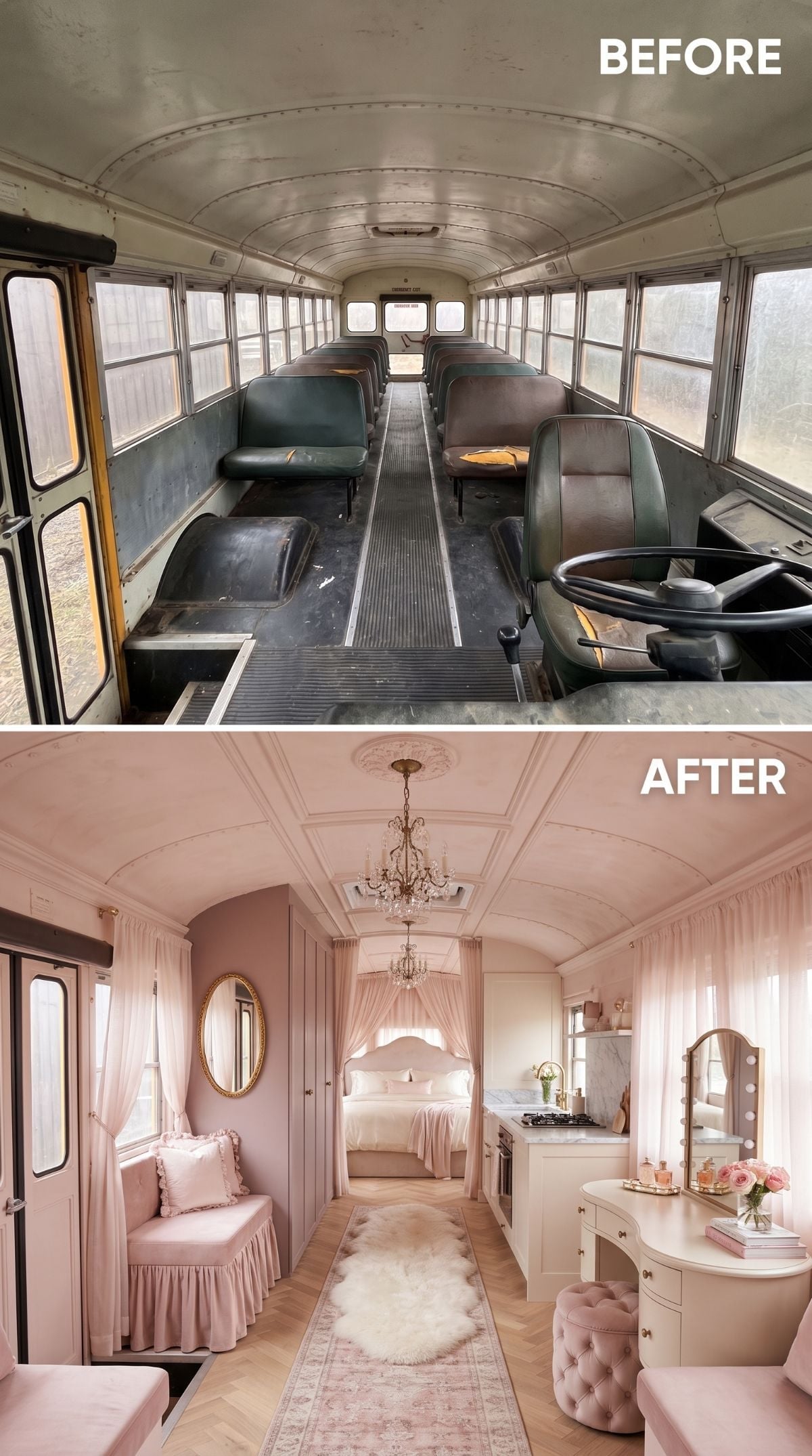 Pink Plaster, Crystal Chandelier, and a Skoolie That Became a French Boudoir