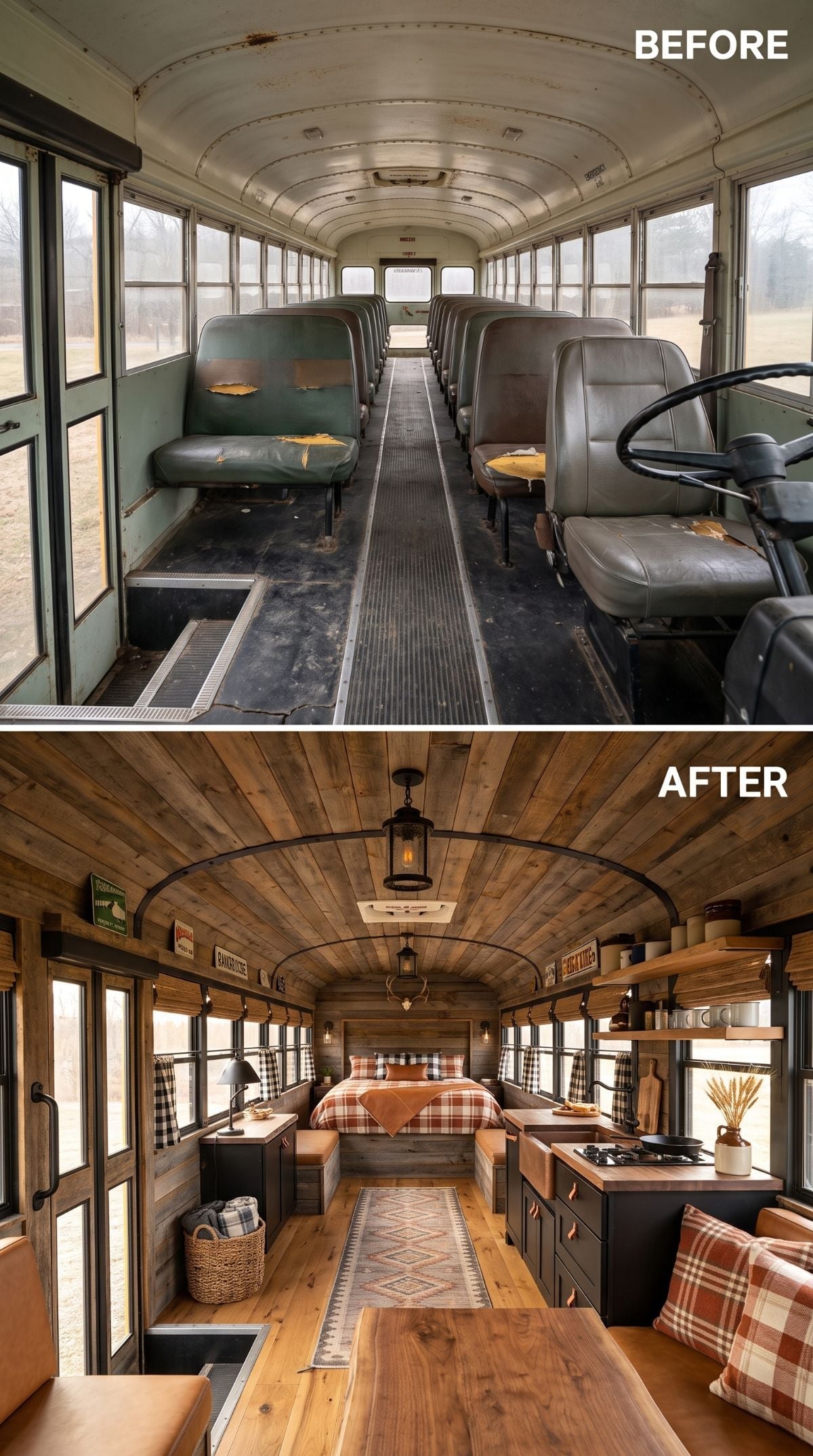 Reclaimed Wood Ceiling, Buffalo Check Bedding, and a Skoolie That Went Full Ranch House
