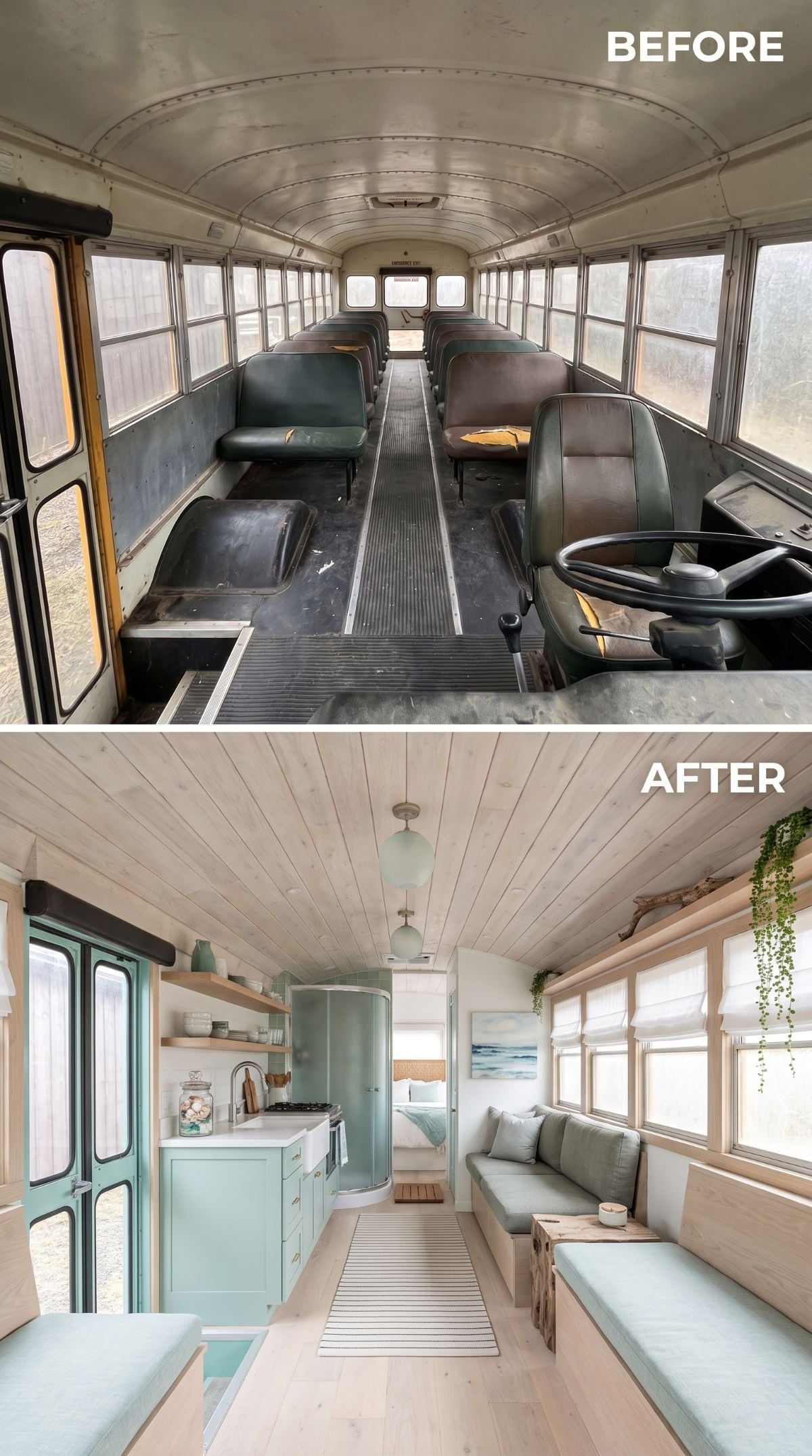 Seafoam Cabinetry, Whitewashed Pine, and a Skoolie That Moved to the Coast