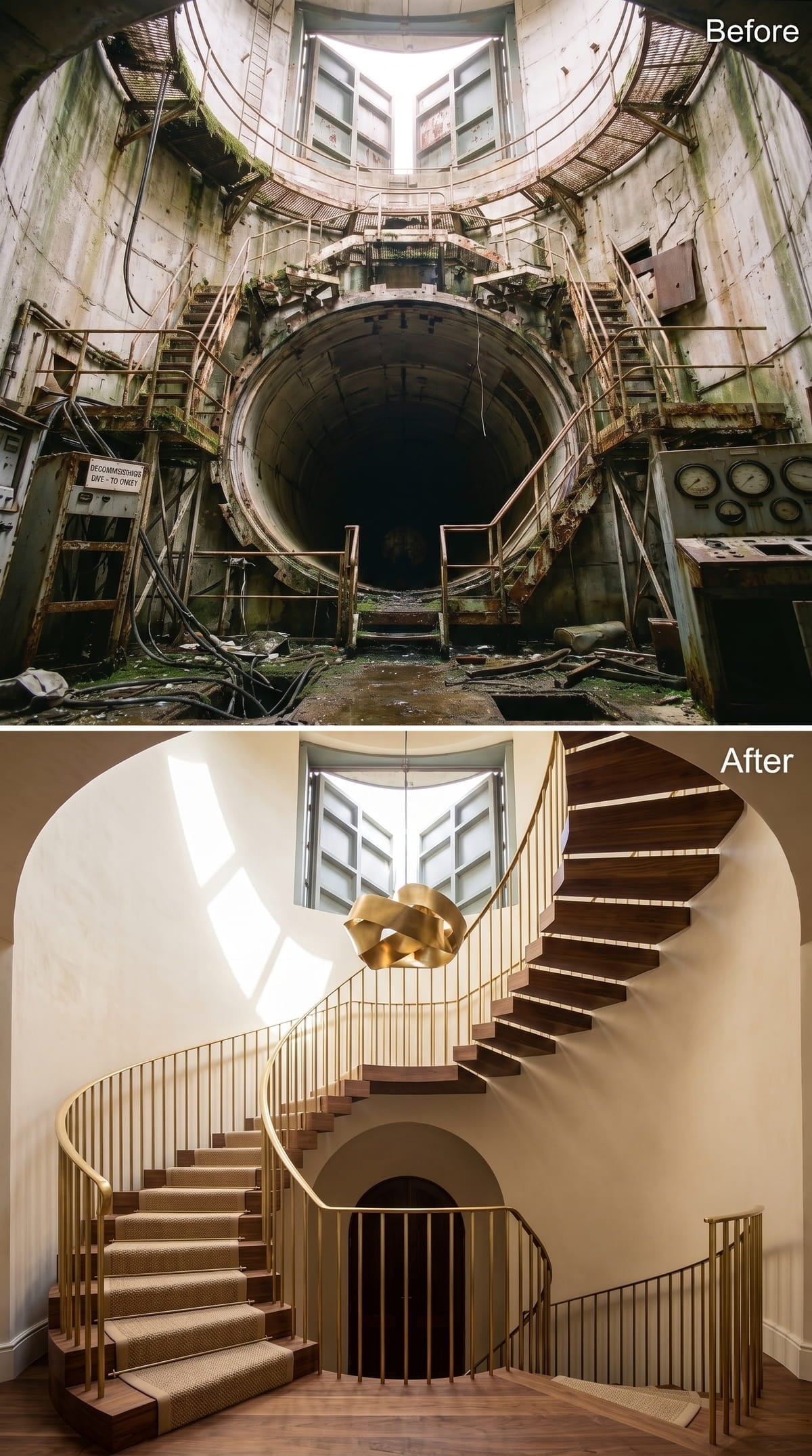 A Suspended Brass Sculpture Animates the Spiral Stair