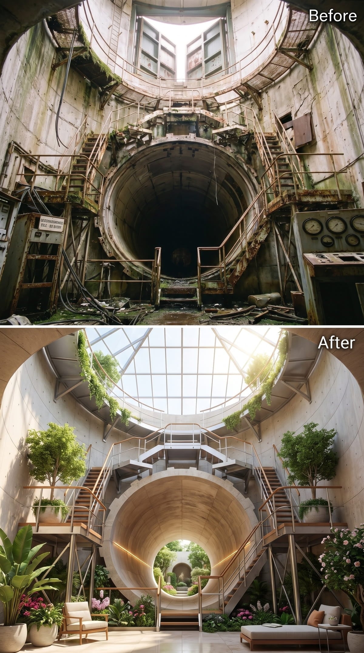 A Glass Dome and Garden Tunnel Brighten the Concrete Shell