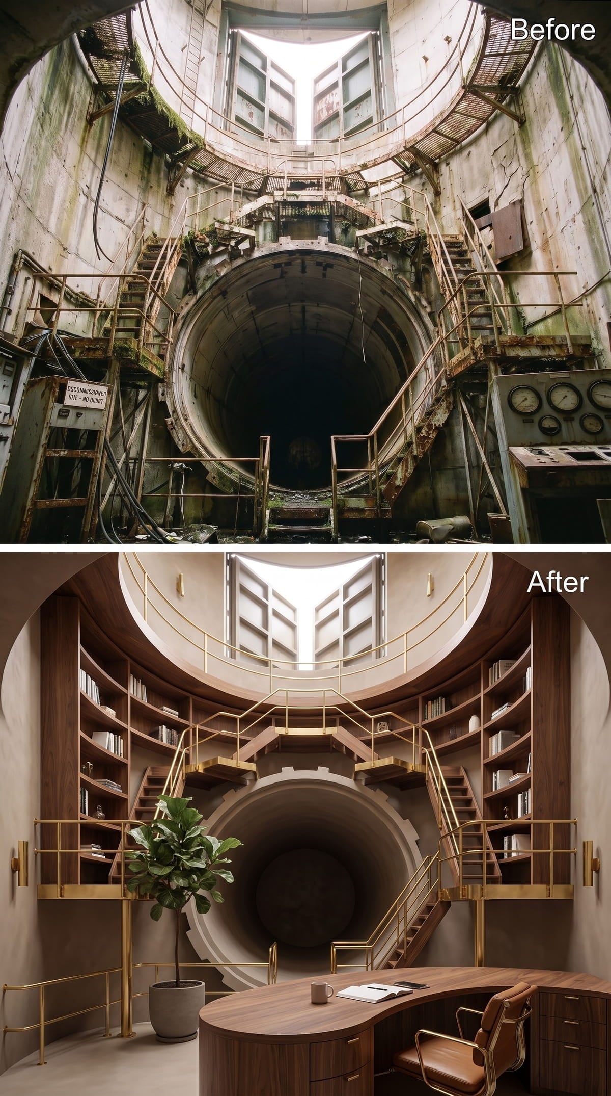 Gold Rails and Open Shelving Create a Working Silo Study