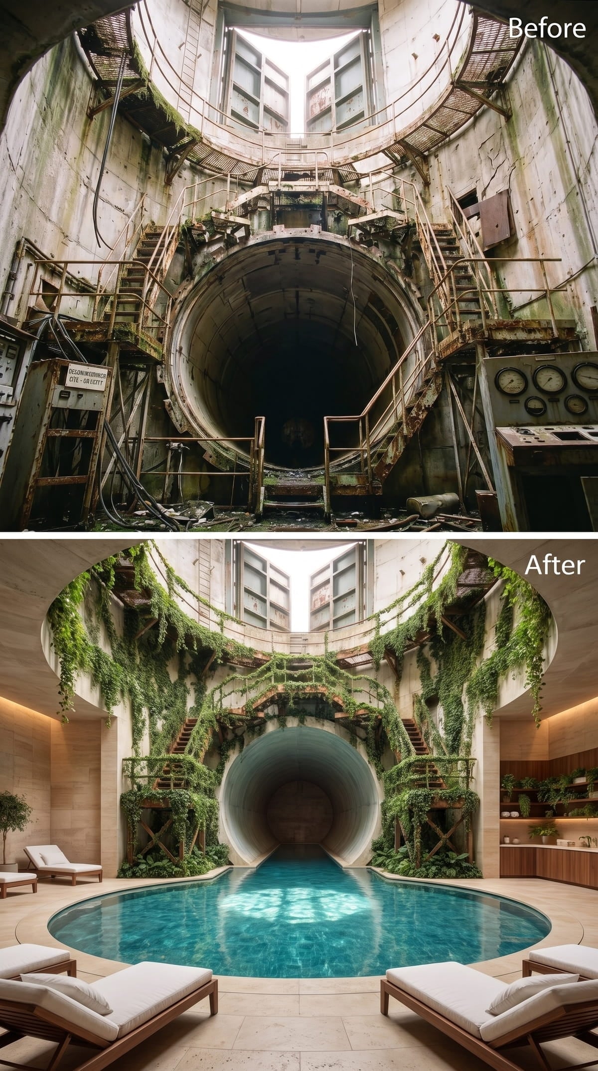 An Ivy-Draped Tunnel Opens Onto a Circular Pool