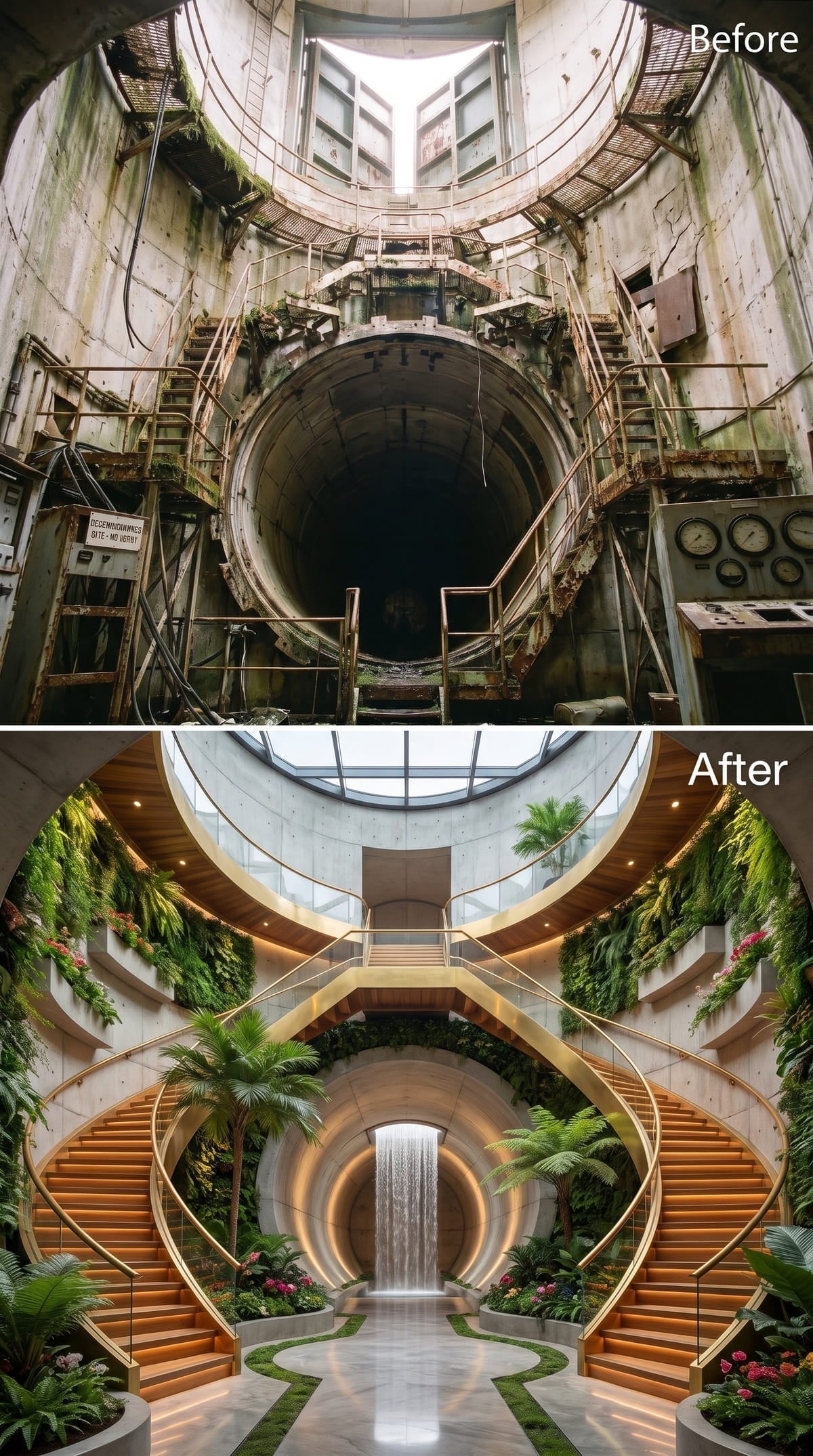A Waterfall and Living Walls Take Over the Silo Core