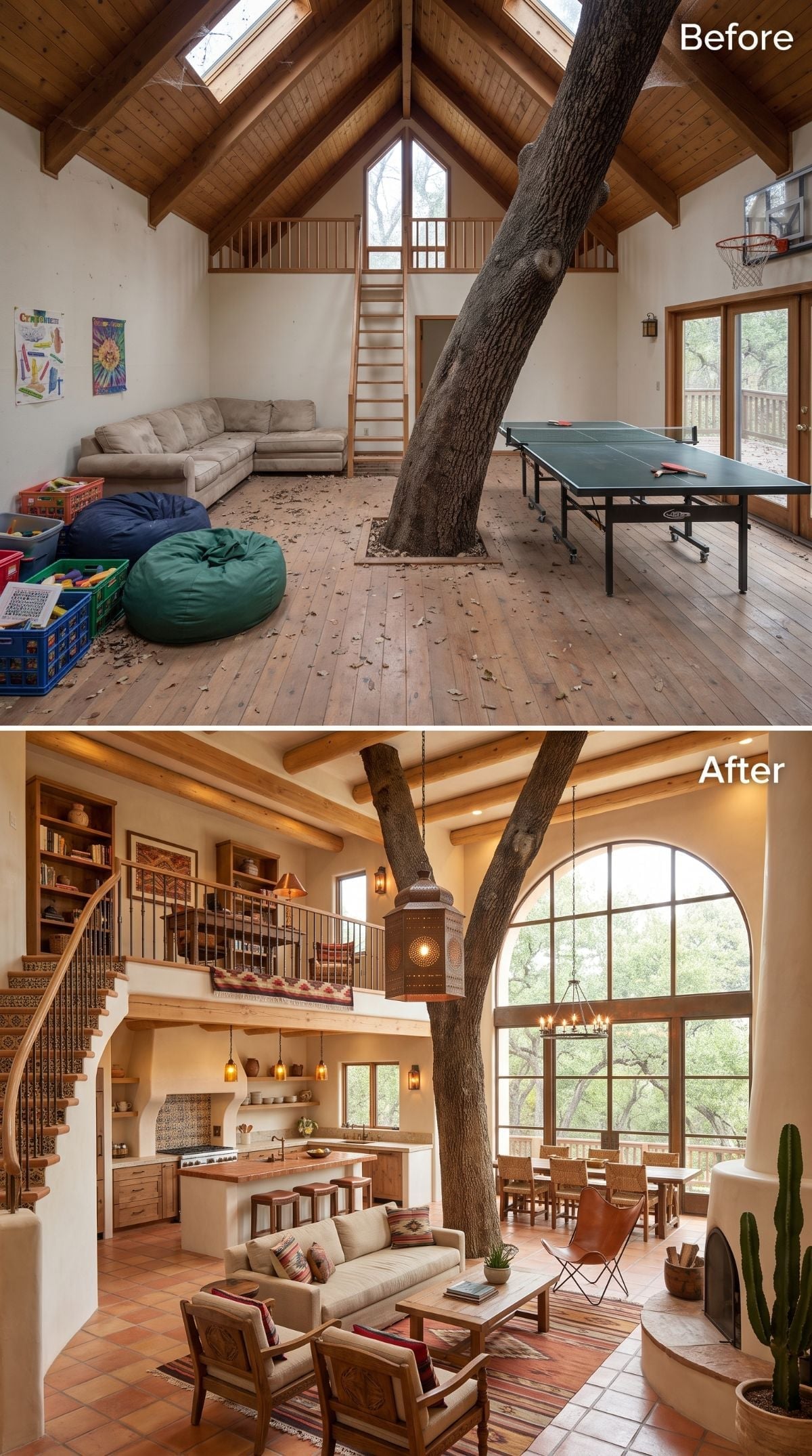 Southwestern treehouse concept with adobe-look plaster, terracotta floors, curved stairs, linen furniture, punched-metal lantern, and living tree