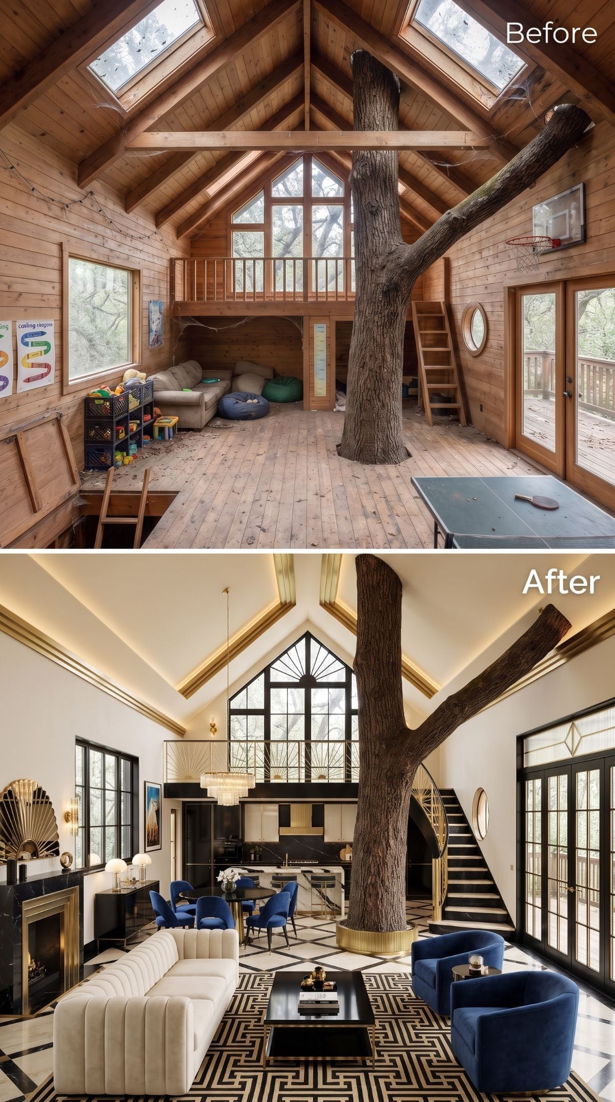 Art Deco treehouse concept with black steel frames, blue velvet, gold details, geometric floor, cove lighting, and living tree