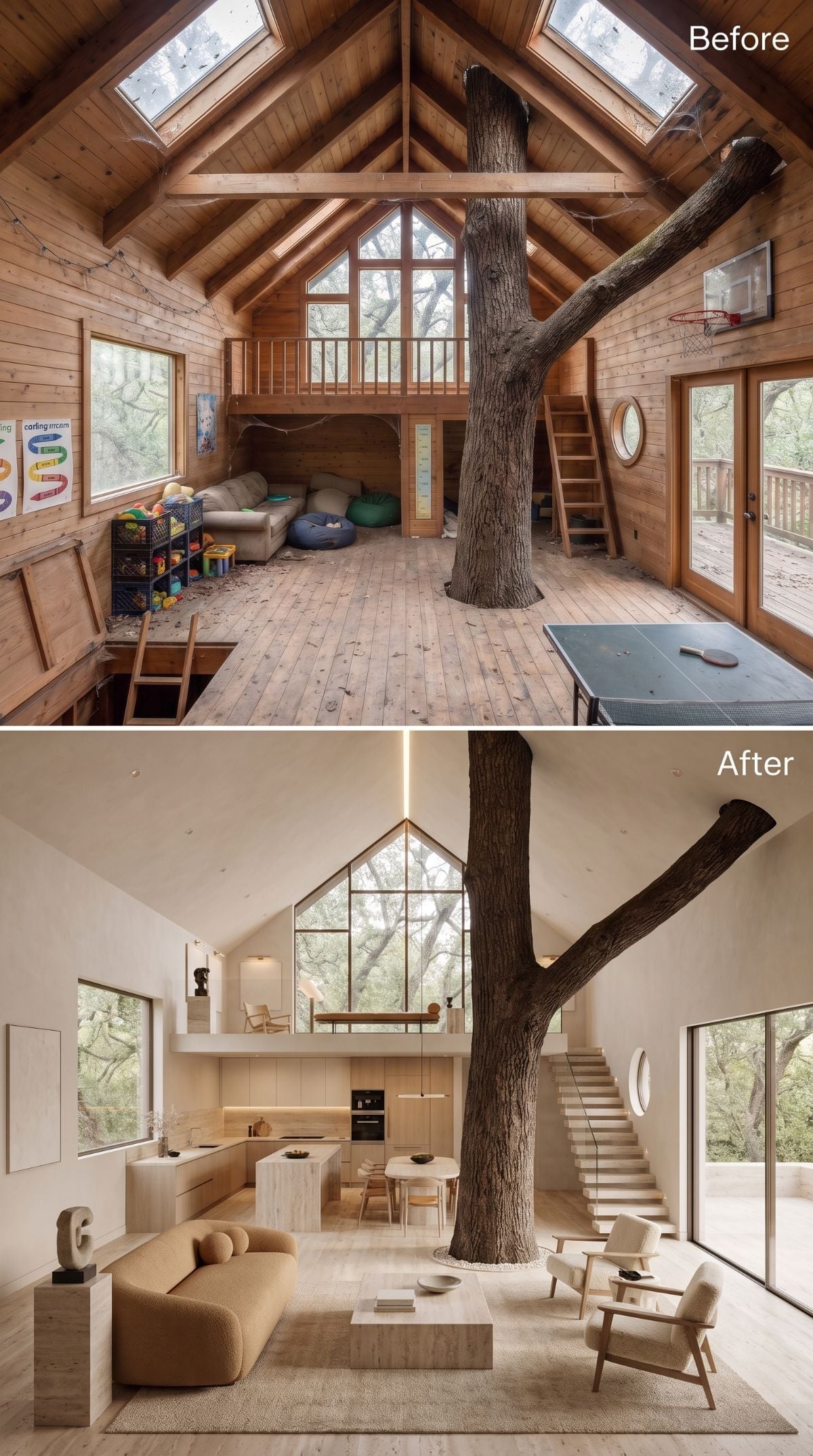 Scandinavian-style treehouse concept with white plaster, warm oak cabinetry, pale gravel tree surround, bouclé furniture, and loft seating