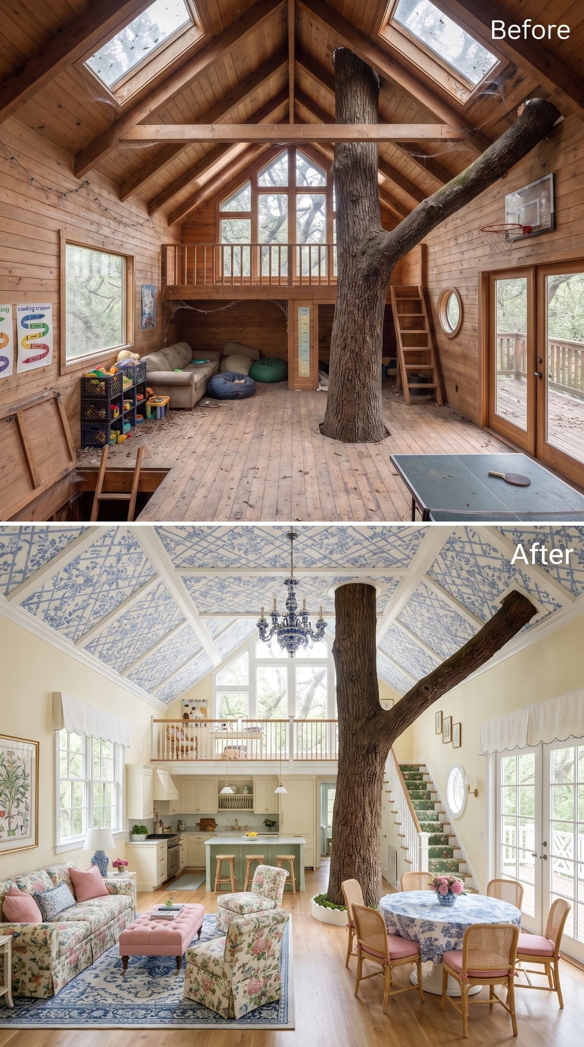 Country-style treehouse concept with blue toile ceiling, soft yellow walls, floral upholstery, cane chairs, and dining area around tree