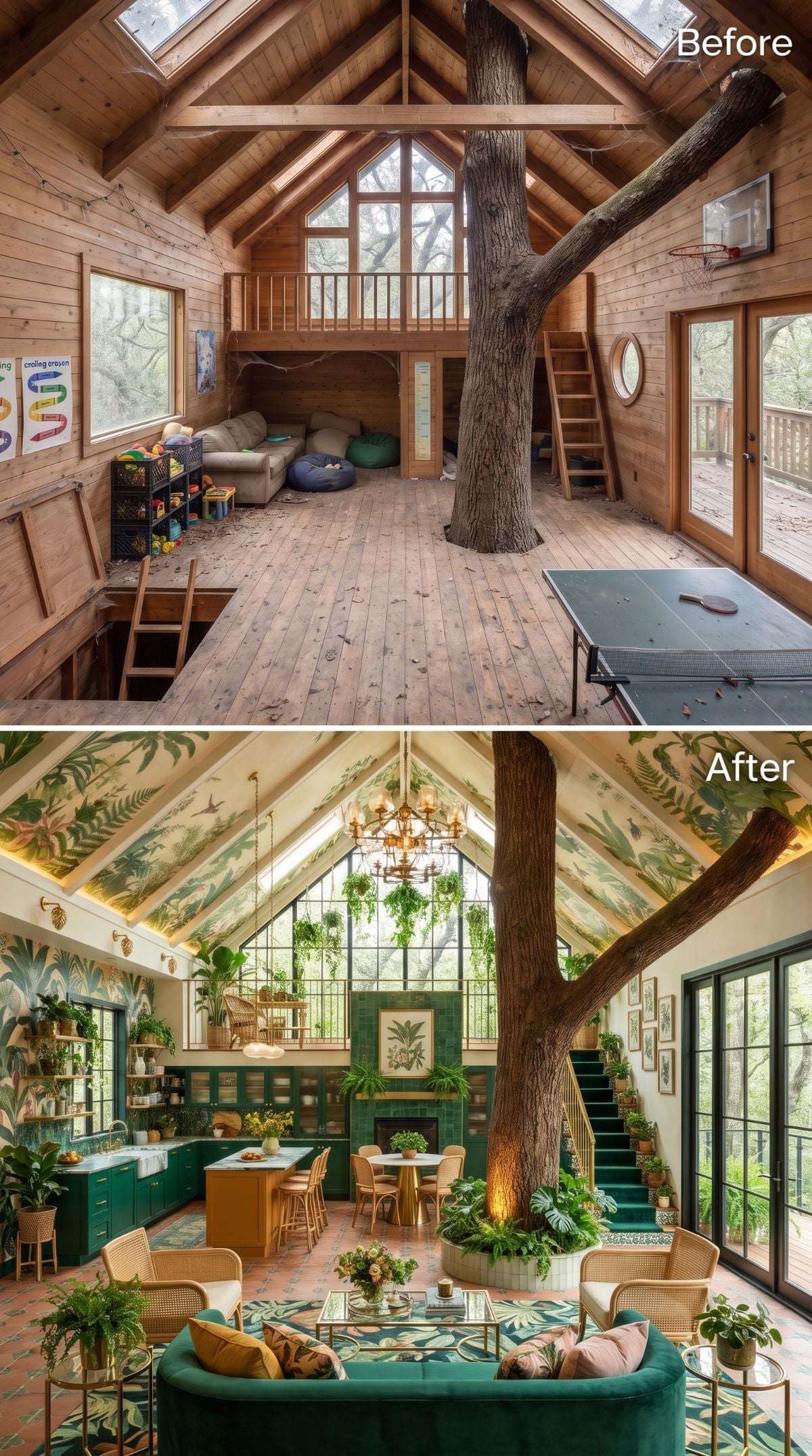Botanical treehouse concept with leafy mural ceiling, green velvet, green cabinetry, terracotta floors, ferns, and wrapped staircase