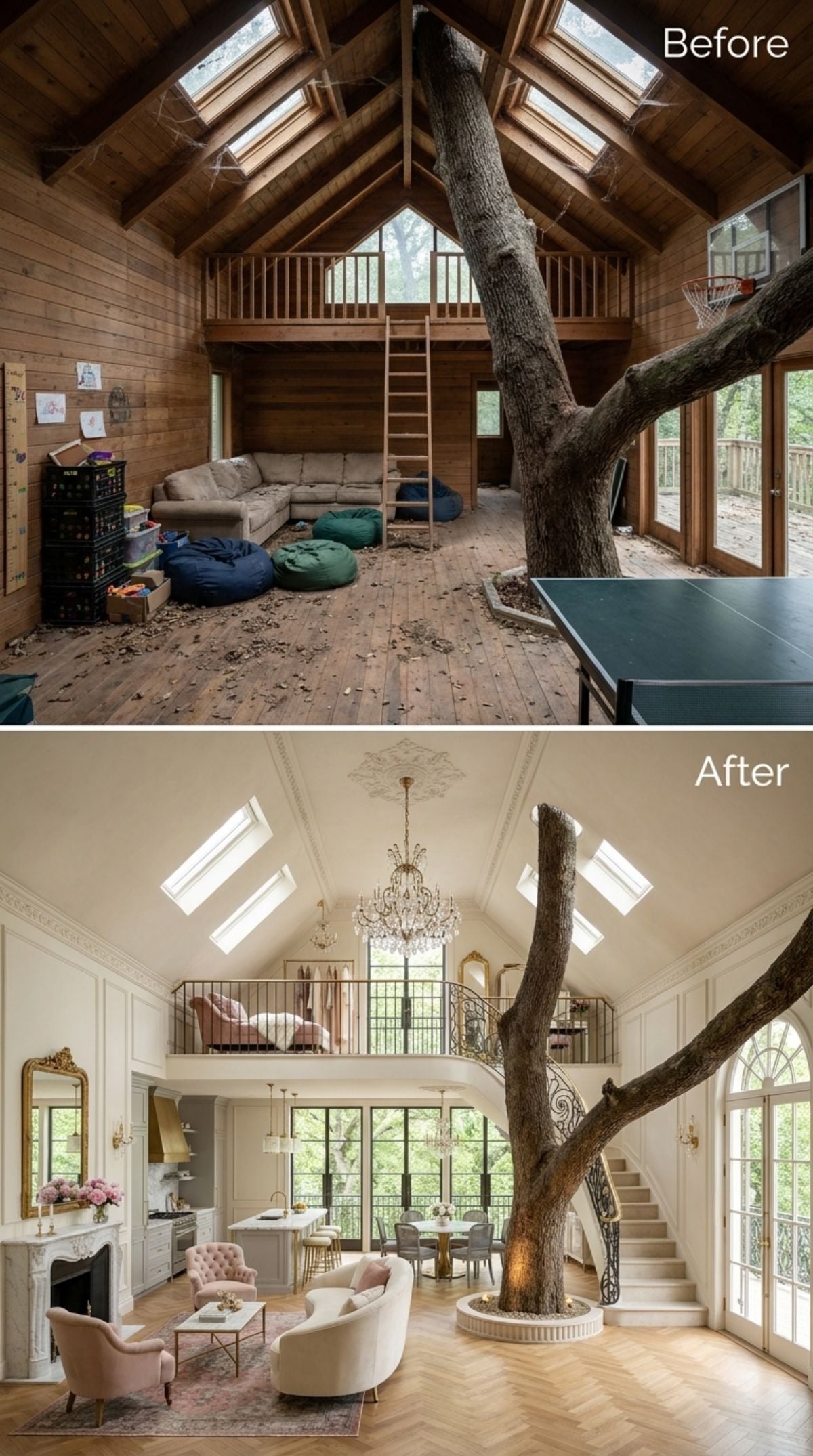 Elegant treehouse concept with warm white plaster, herringbone flooring, crystal chandelier, pink velvet chairs, marble fireplace, curved stair, and living tree