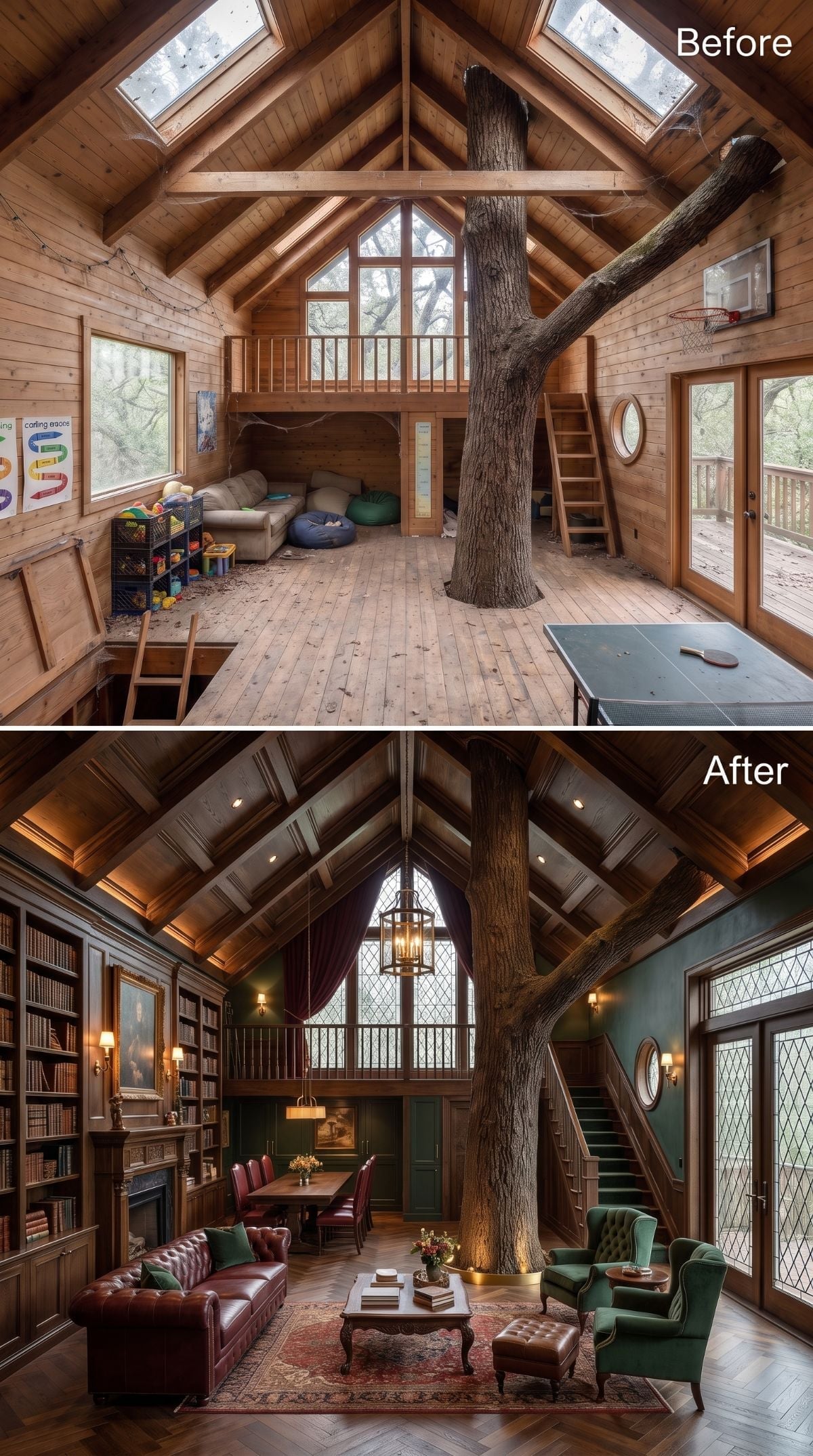 Dark library treehouse concept with forest green walls, walnut bookshelves, burgundy leather seating, green wing chairs, lantern lighting, and living tree
