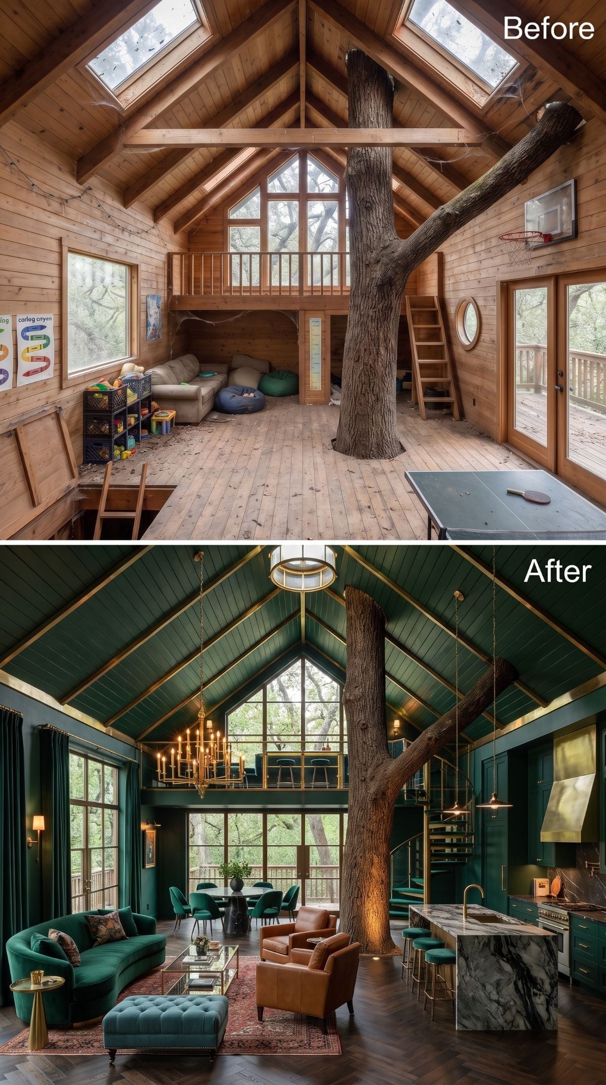 Dark glamorous treehouse concept with emerald velvet sectional, cognac chairs, marble waterfall island, gold-trimmed rafters, and living oak