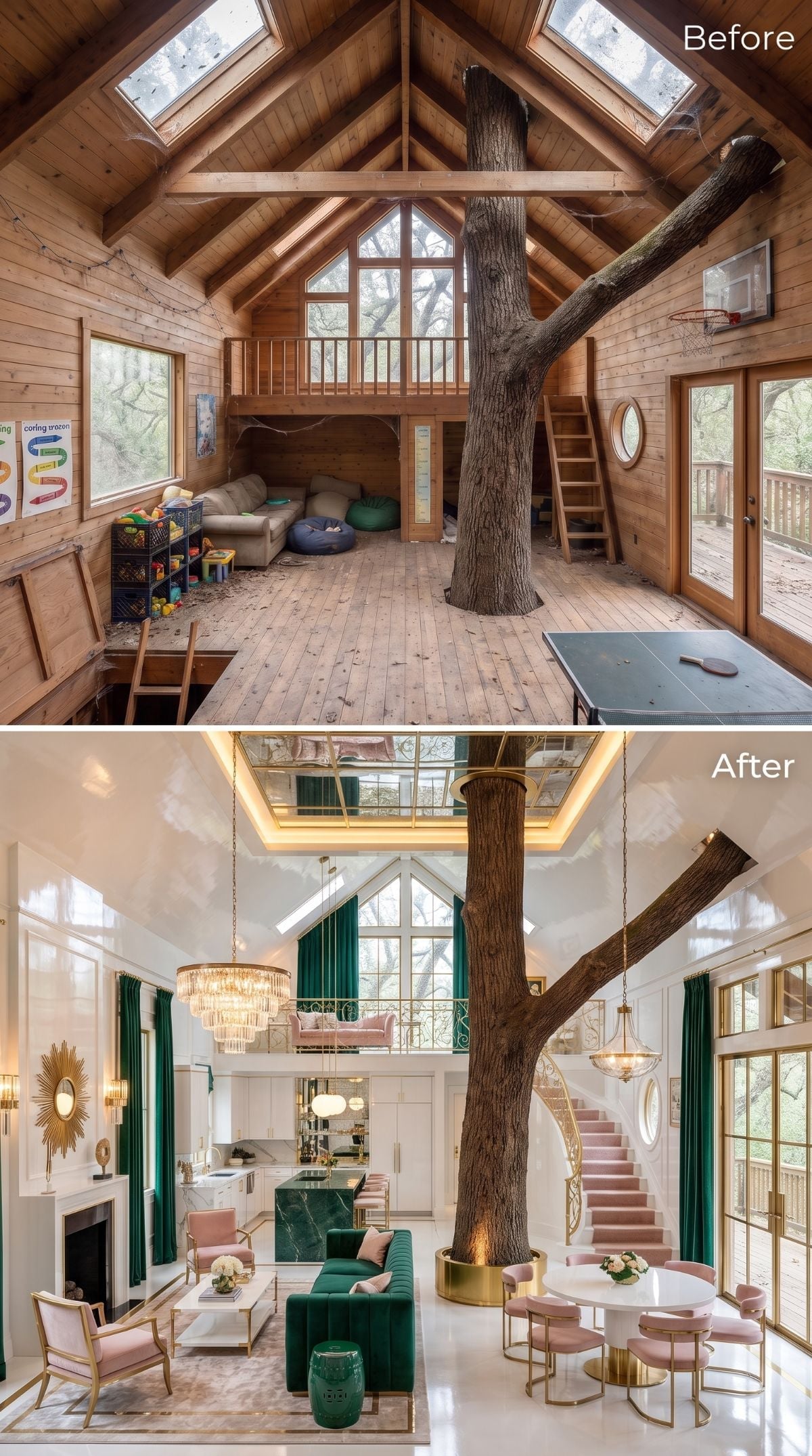 Glamorous treehouse concept with emerald velvet, blush upholstery, gold balustrades, crystal pendants, and brass tree collar
