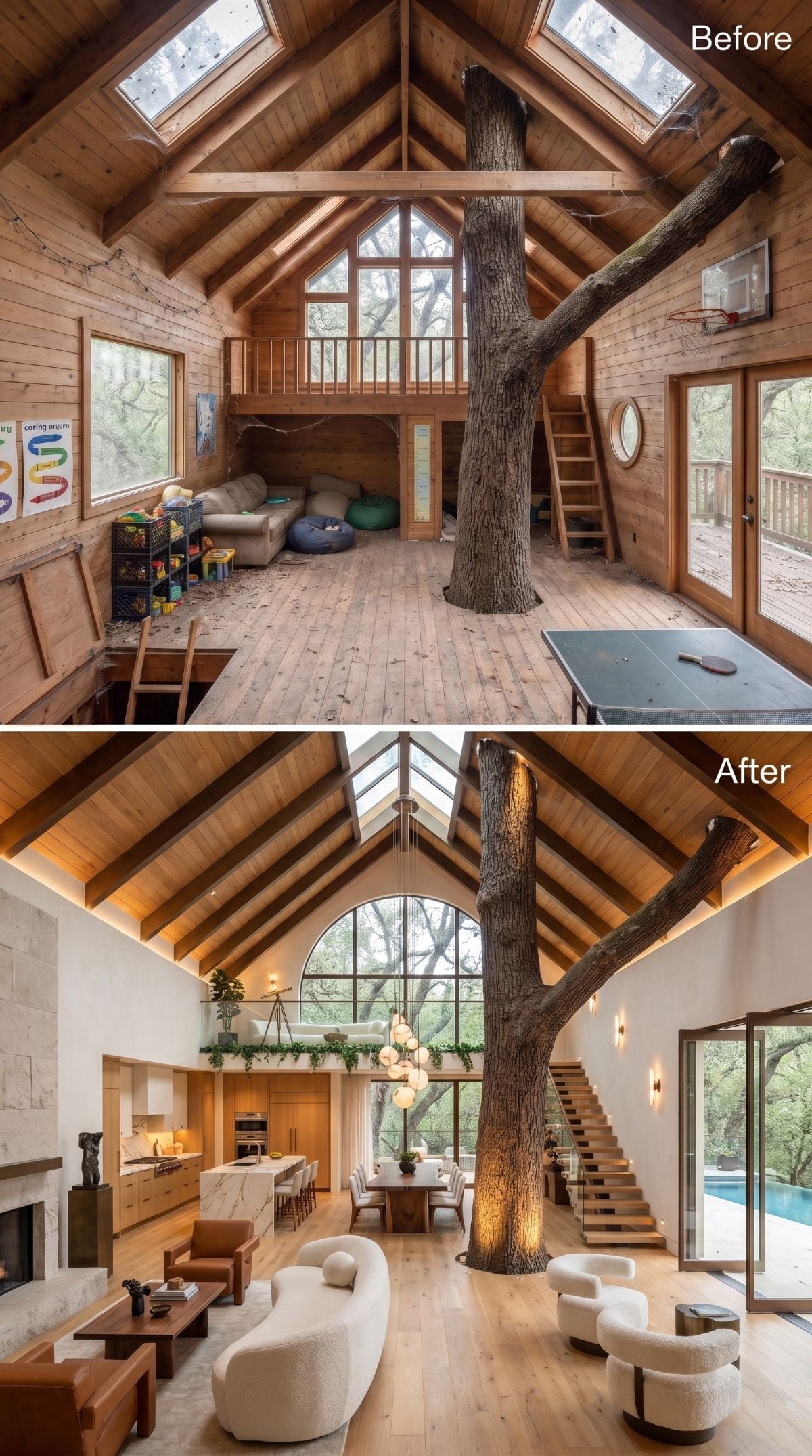 Refined treehouse concept with floating stairs, marble-look kitchen island, warm white plaster, globe pendants, cove lighting, fireplace, pool view, and living oak