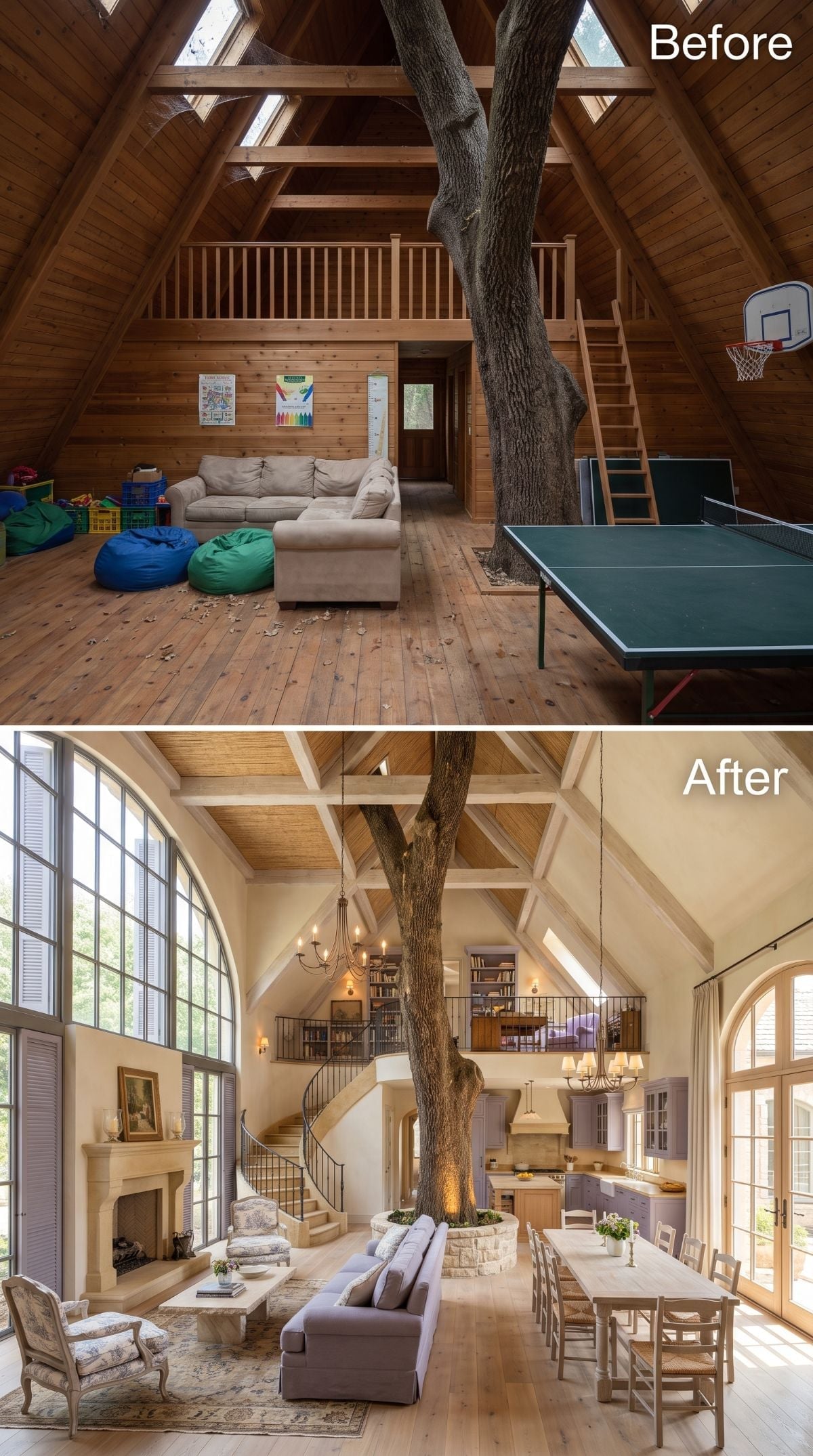 French Country treehouse concept with lavender cabinetry, candle chandelier, stone tree surround, soft upholstery, and warm wood details