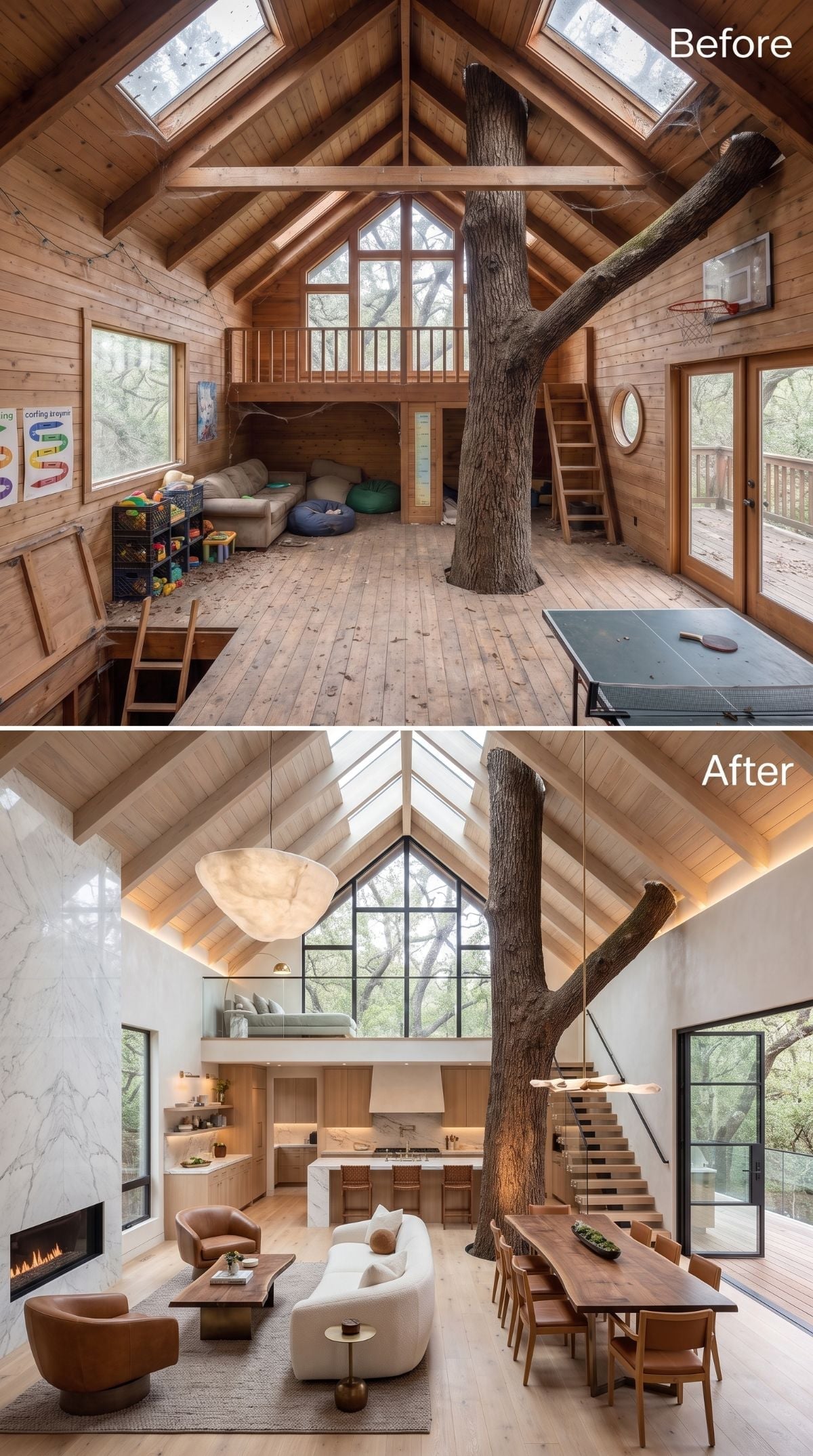 Refined treehouse concept with white plaster, oak kitchen, marble-look fireplace, curved dining table, floating stairs, leather chairs, and cream sofa
