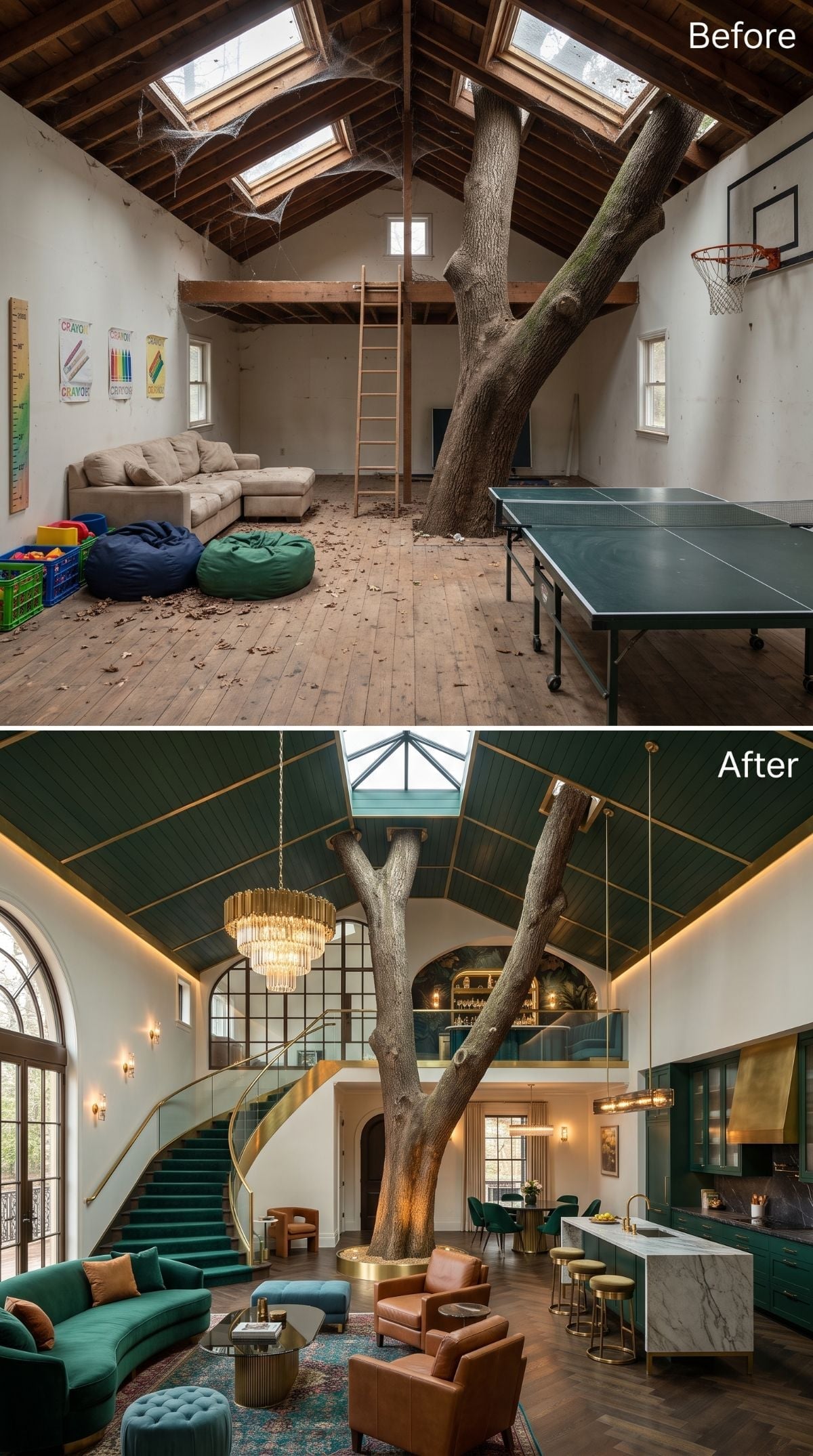 Luxury treehouse concept with emerald ceiling panels, gold railings, crystal chandelier, green velvet, marble-look island, and living tree