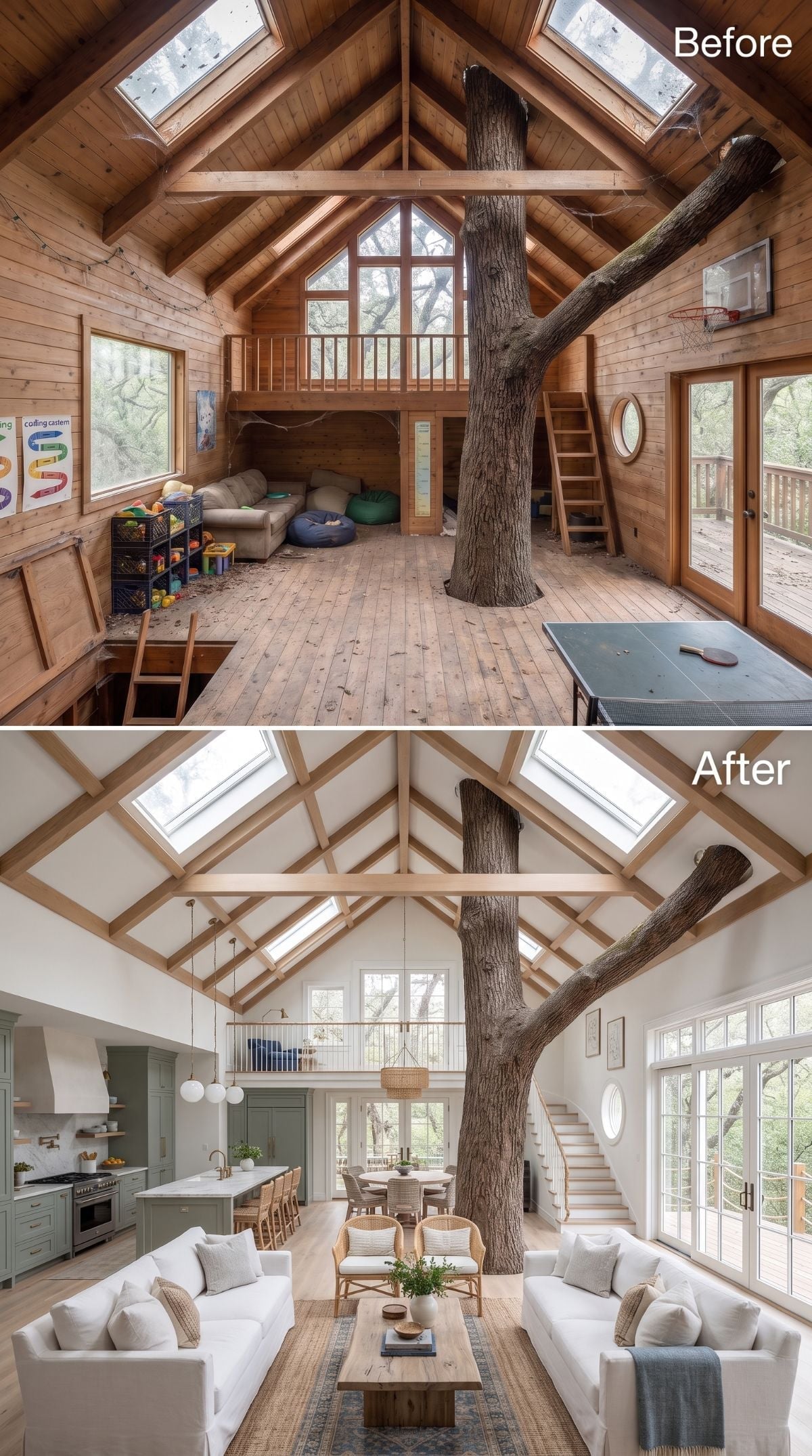 Calm treehouse concept with white ceiling, oak trusses, sage green cabinetry, linen sofas, wood slab table, and living tree