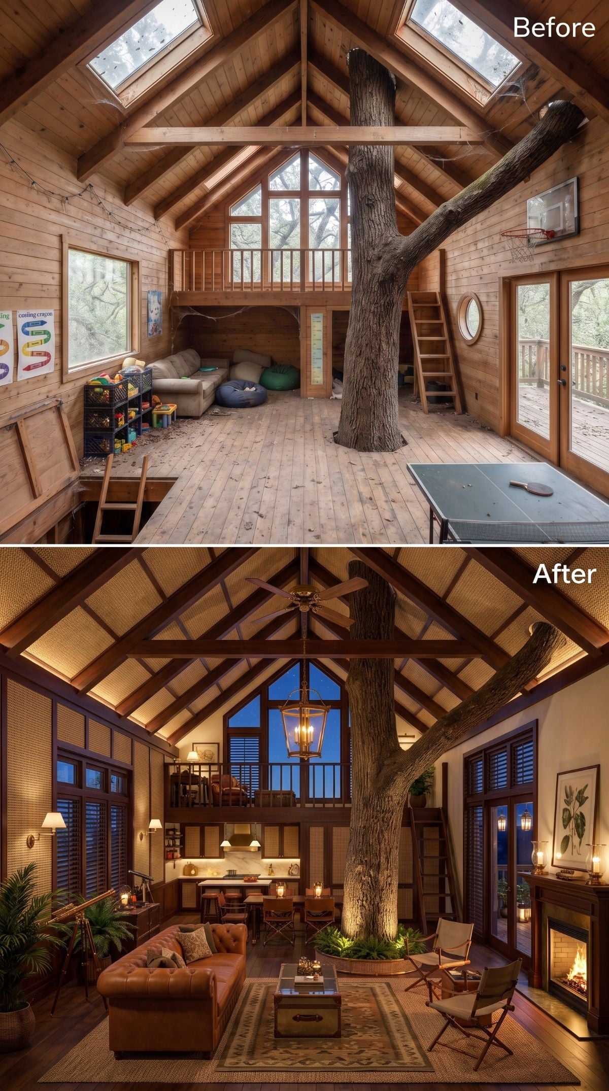 Treehouse retreat concept with leather Chesterfield sofa, fireplace, lantern pendant, dark timber beams, planted tree base, and loft