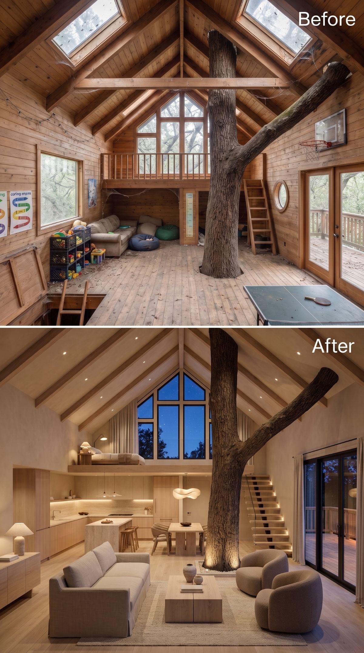 Warm neutral treehouse concept with limewashed walls, pale cabinetry, linen sofas, floating stairs, uplighted tree, and deck