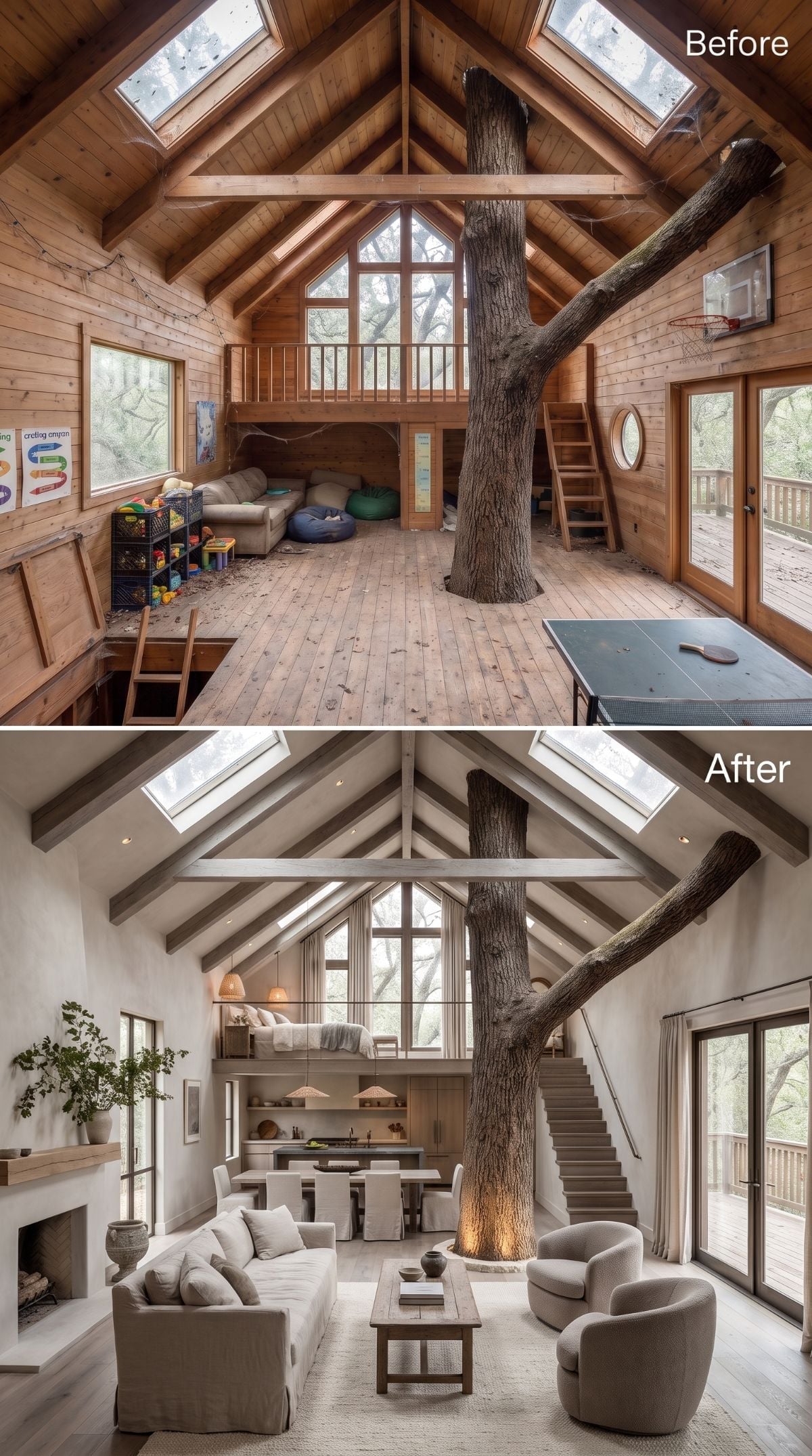 Calm treehouse concept with warm greige plaster, linen sofas, slab coffee table, uplighted tree, proper stairs, and skylights