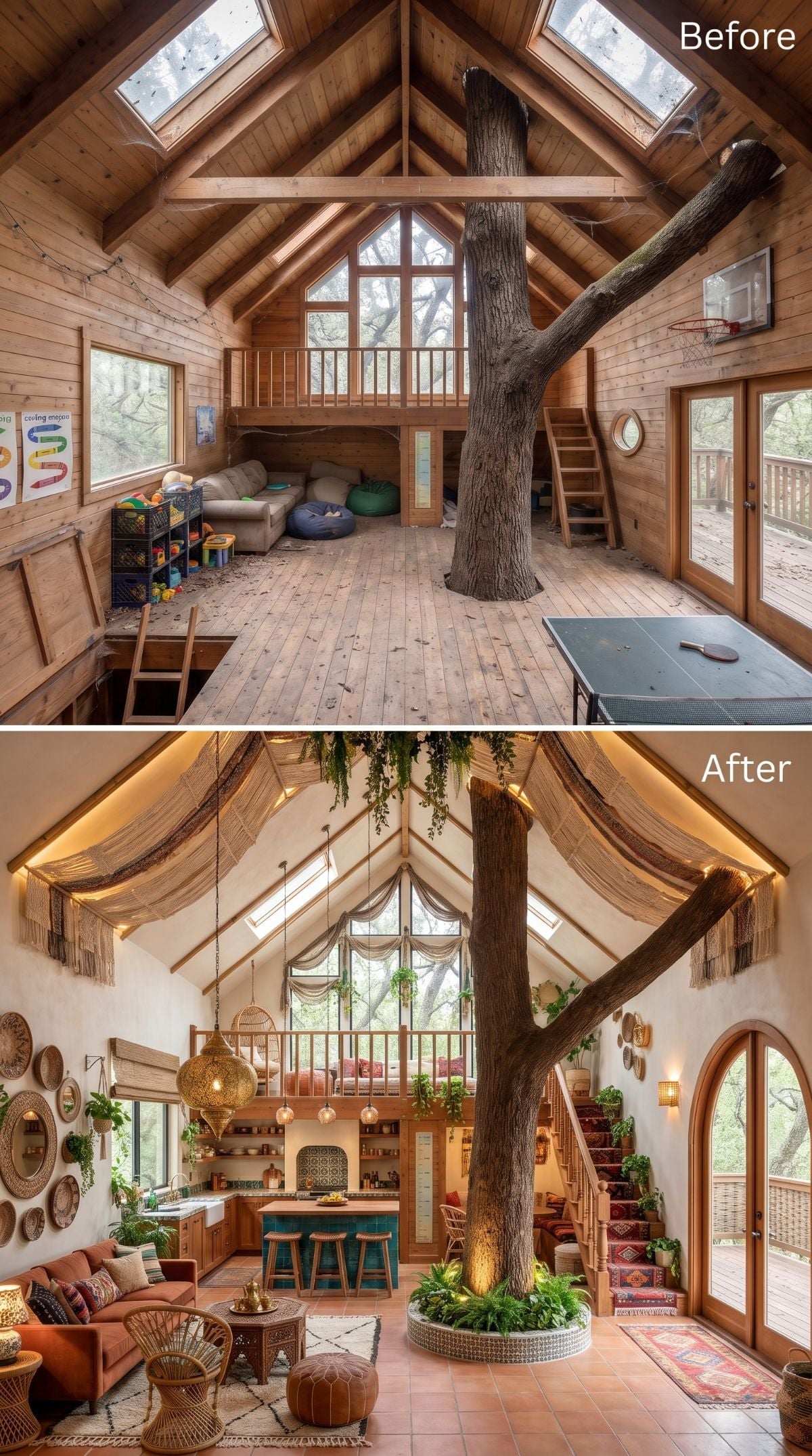 Bohemian treehouse concept with macramé rafters, teal tiled island, terracotta floors, rattan stools, mosaic tree planter, and ferns