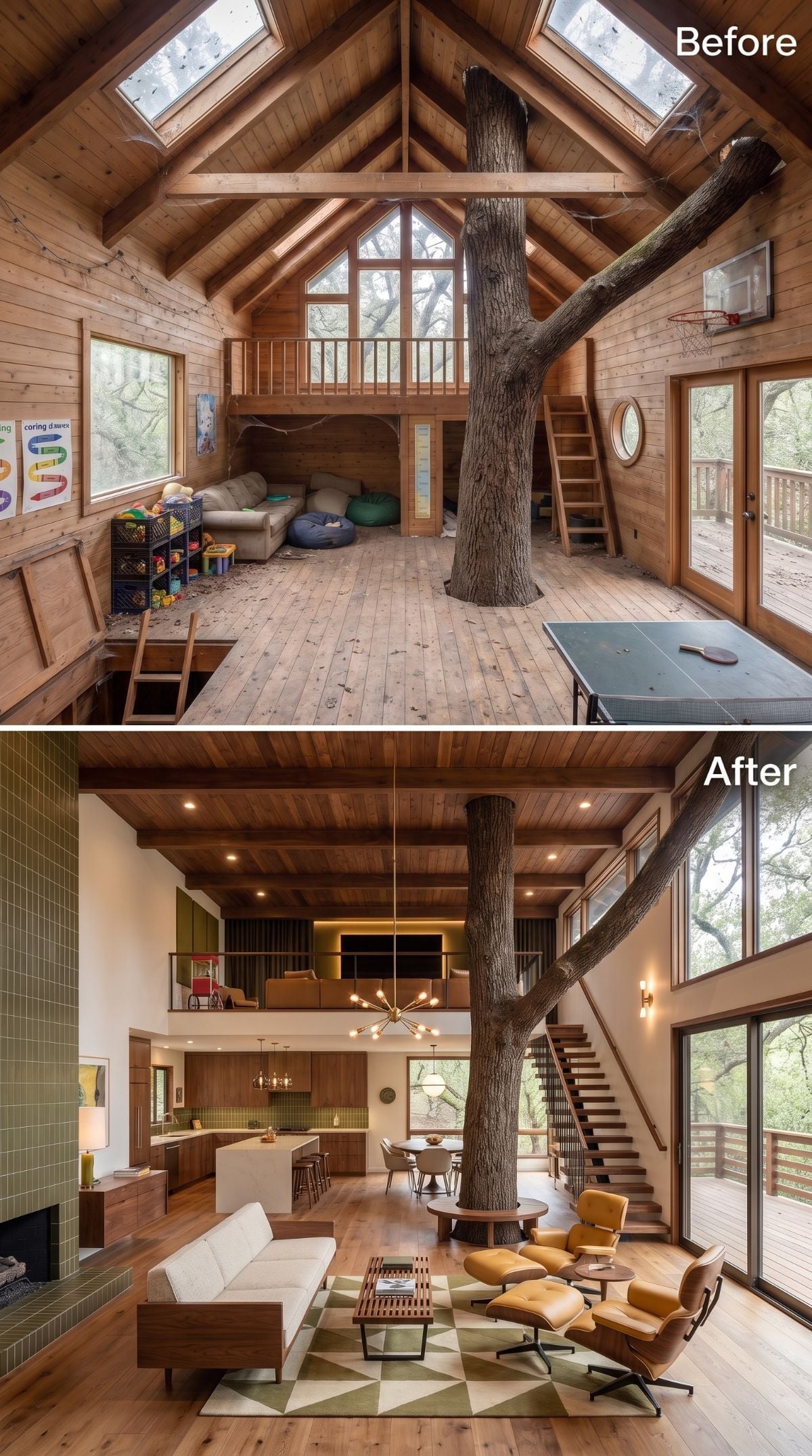 Mid-century treehouse concept with cognac lounge chairs, Sputnik chandelier, floating staircase, and living tree