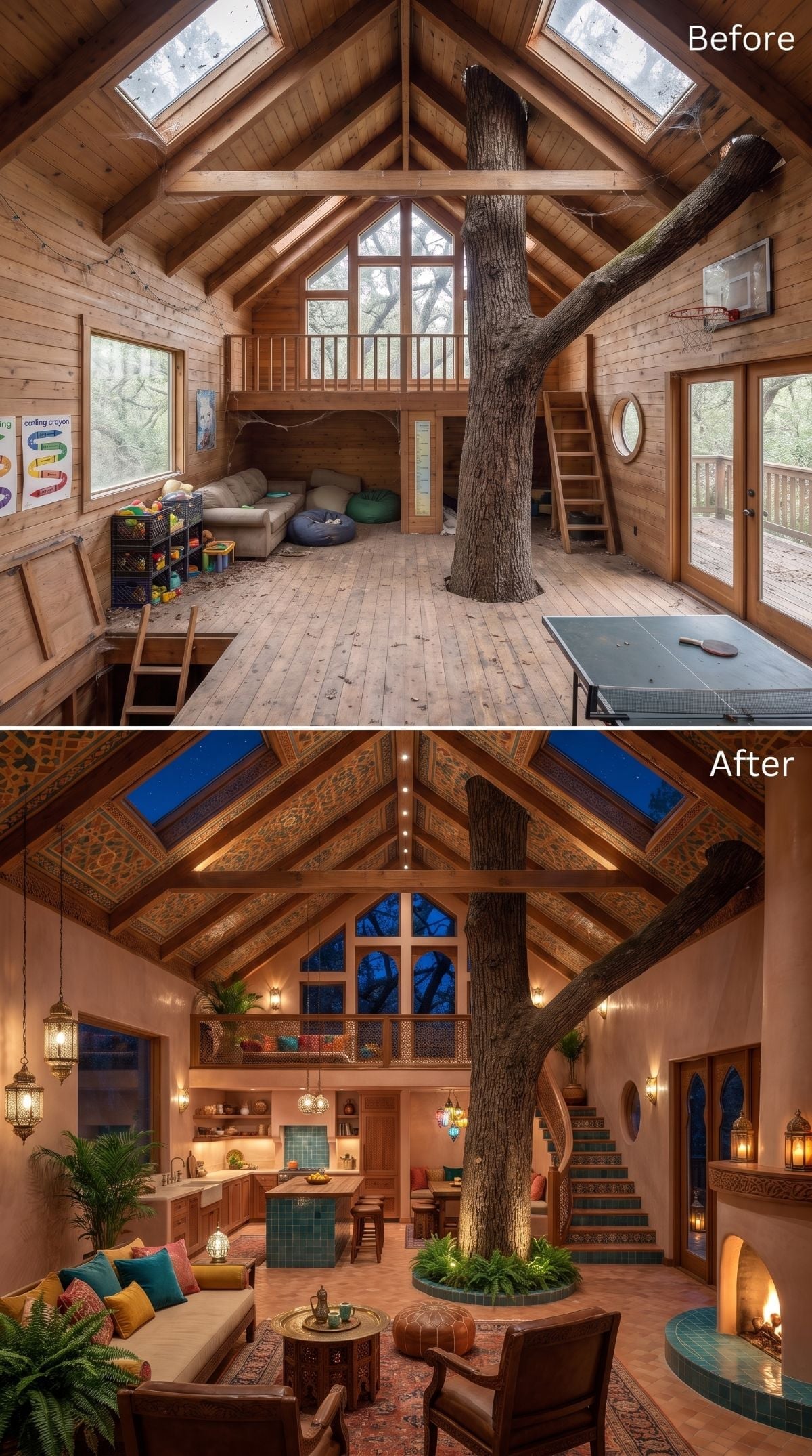Moroccan-inspired treehouse concept with painted beam details, brass lanterns, teal-tiled stairs, ferns, and living tree