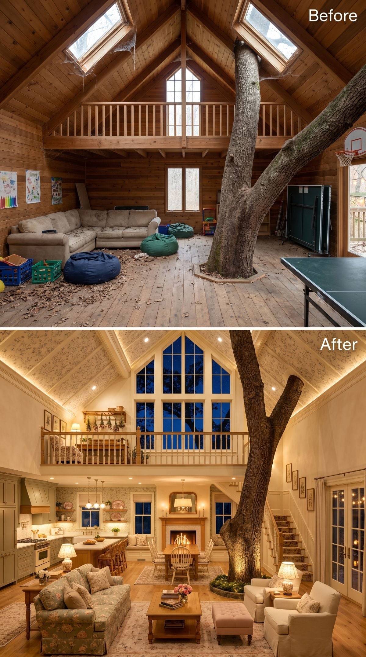Warm country treehouse concept with painted rafters, stone fireplace, sage kitchen, floral ceiling detail, loft stairs, and illuminated tree