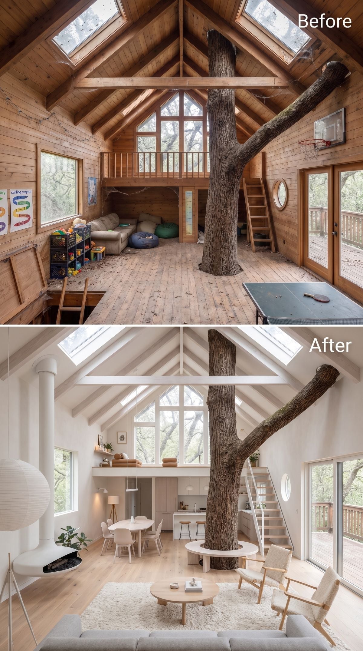 White treehouse concept with painted rafters, pale oak floor, circular tree bench, dining table, and hanging fireplace