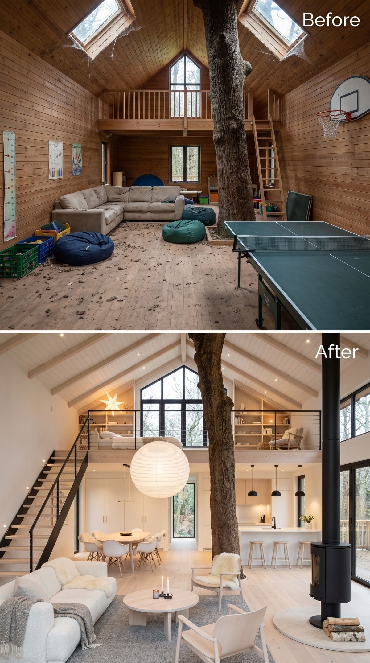 White Scandinavian-inspired treehouse concept with black steel loft railing, wood stove, Eames-style chairs, oak dining table, and oversized globe pendant