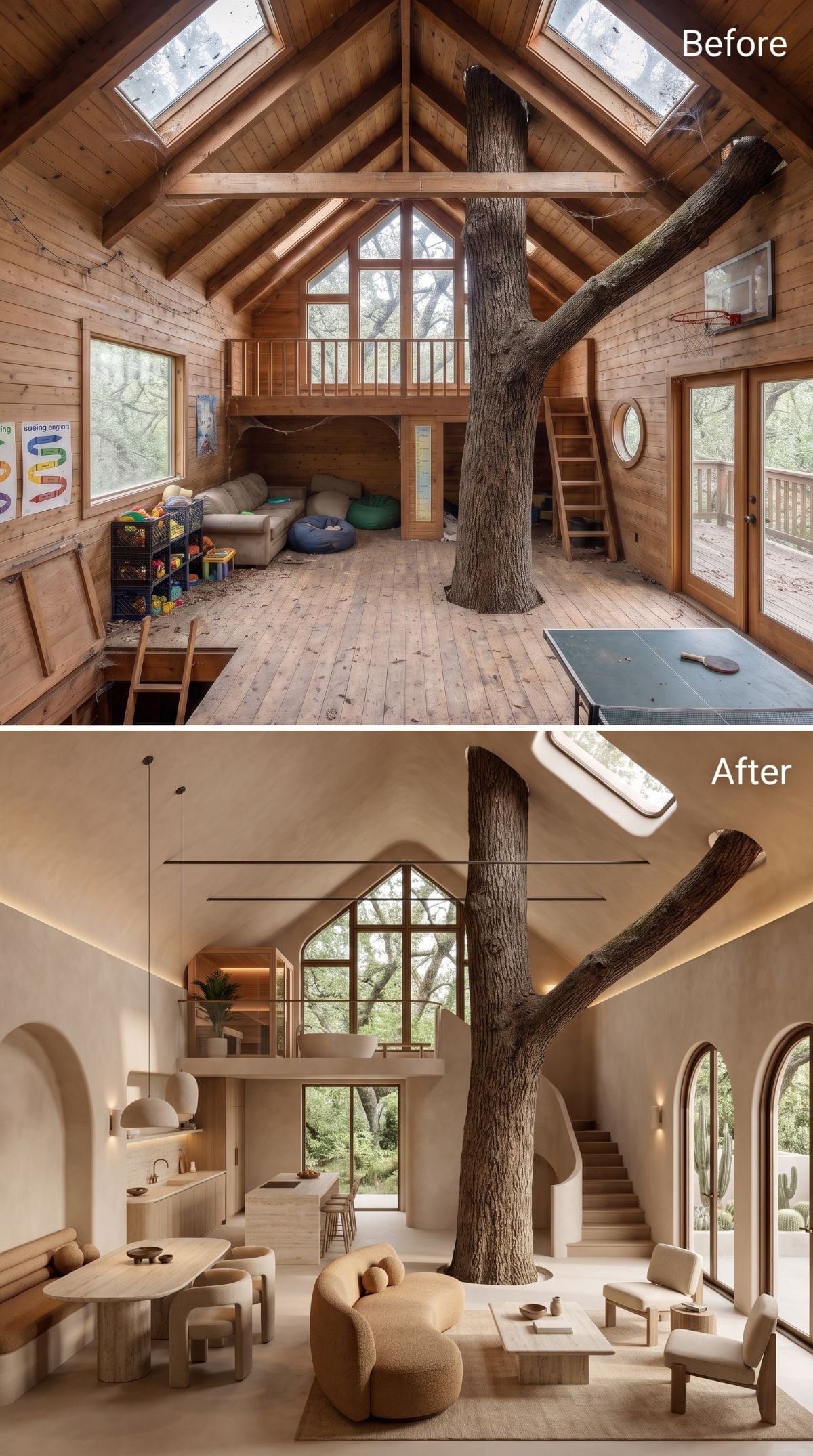 Minimal plaster treehouse concept with warm sand walls, arches, low bouclé seating, slab table, cove lighting, and living oak
