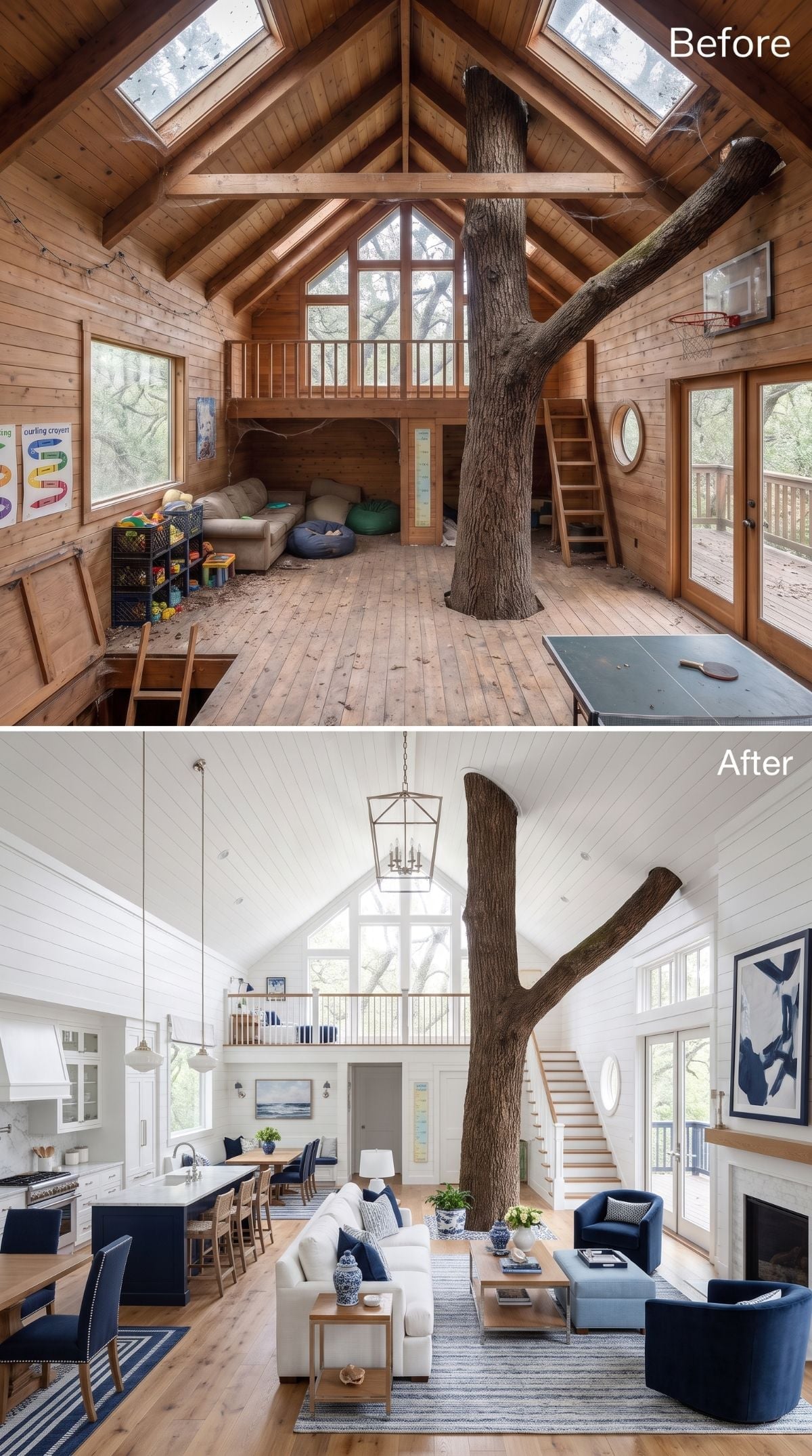 White and navy treehouse concept with painted shiplap, linen sofas, navy barrel chairs, oak stair treads, aged brass lantern, and living tree
