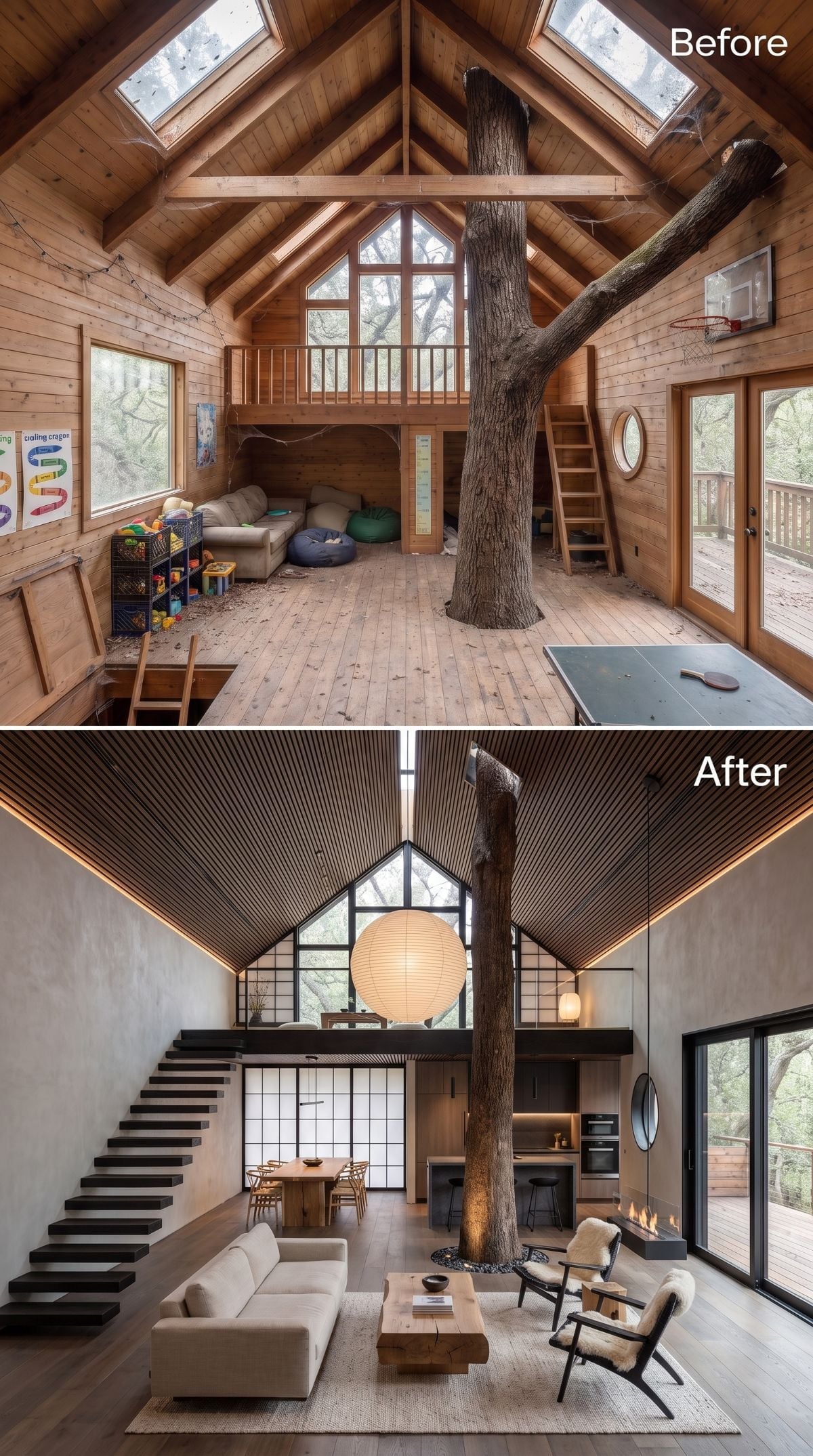 Japanese-inspired treehouse concept with shoji-style screens, dark wood slats, gravel tree base, and floating stairs