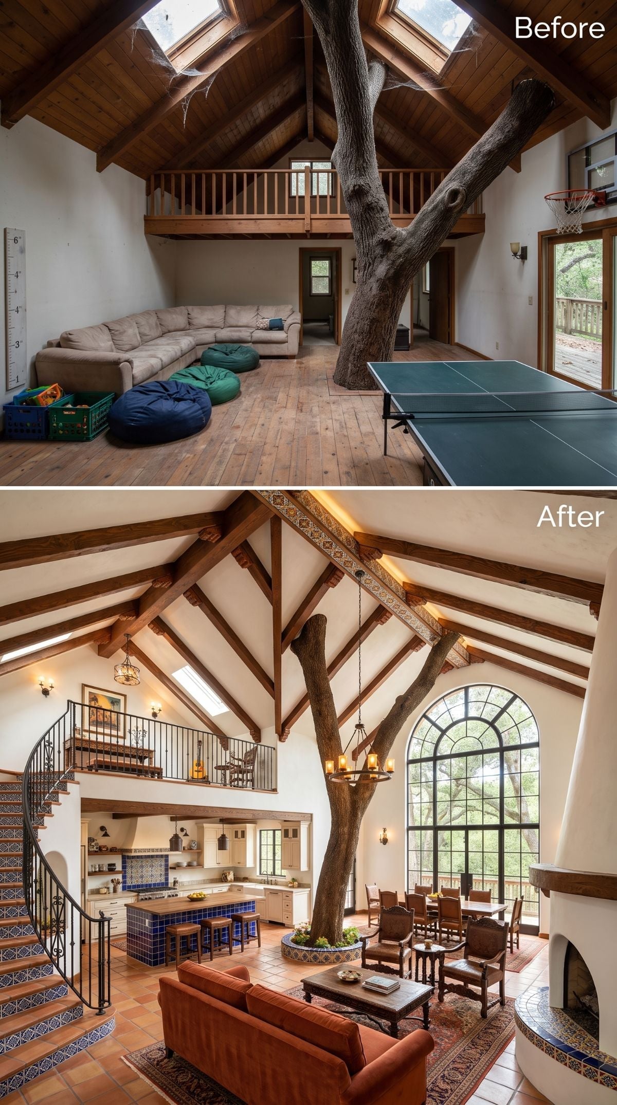 Spanish Colonial treehouse concept with rough plaster, terracotta floors, Talavera-style tile, wrought-iron staircase, and arched window