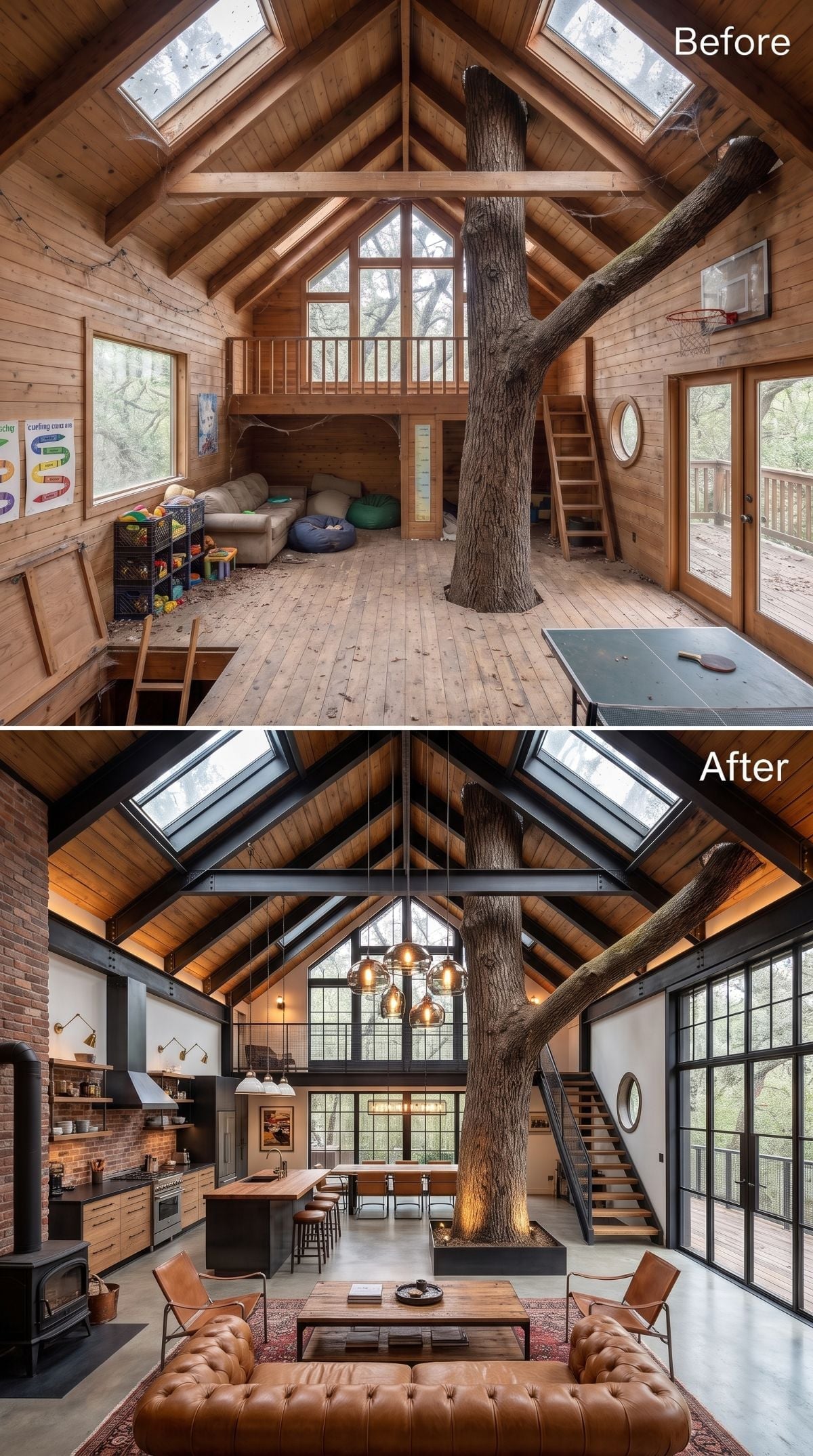 Industrial treehouse concept with brick, black beams, cognac leather, concrete flooring, and open steel stairs