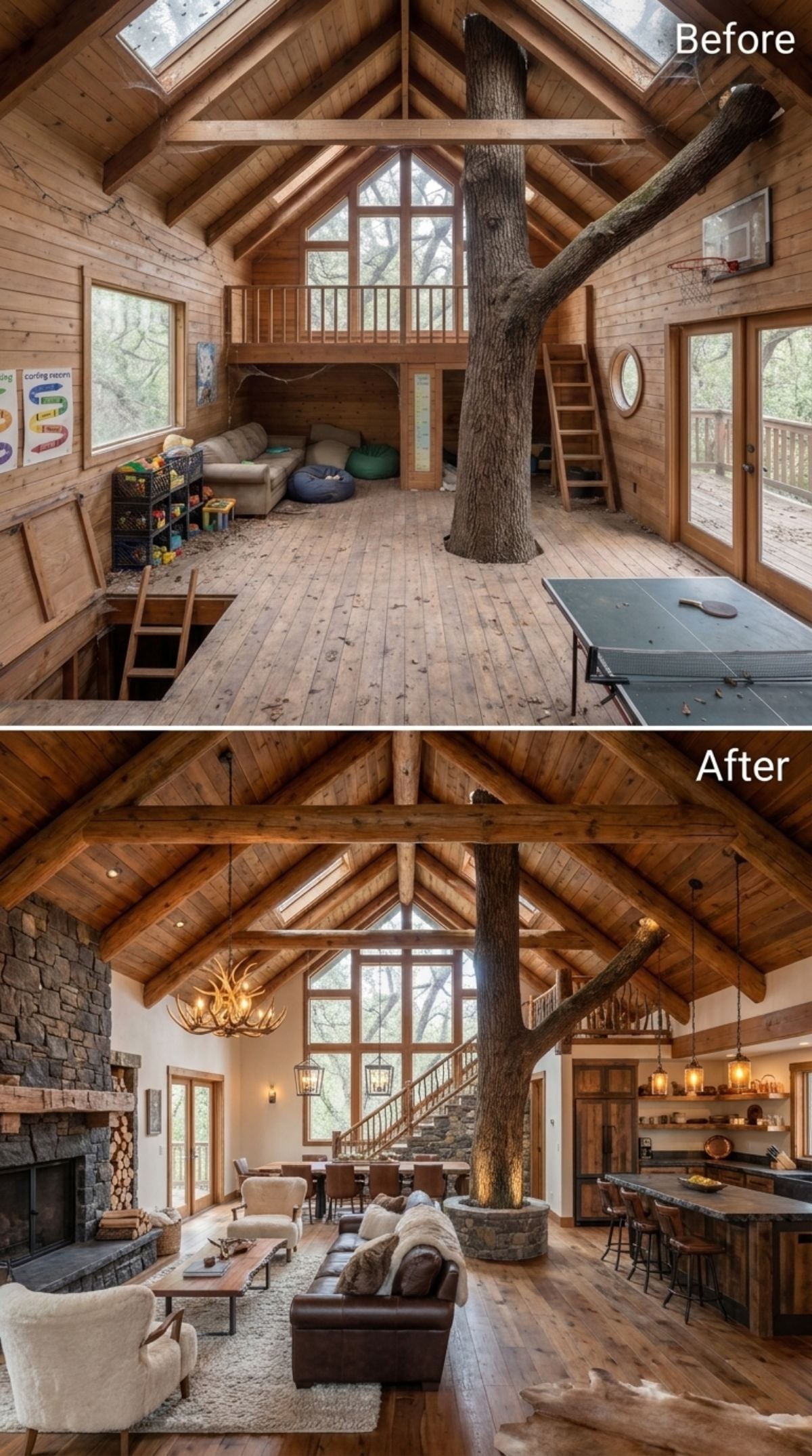 Rustic lodge treehouse concept with stone fireplace, antler chandelier, leather sofas, cream chairs, shag rug, and tree collar
