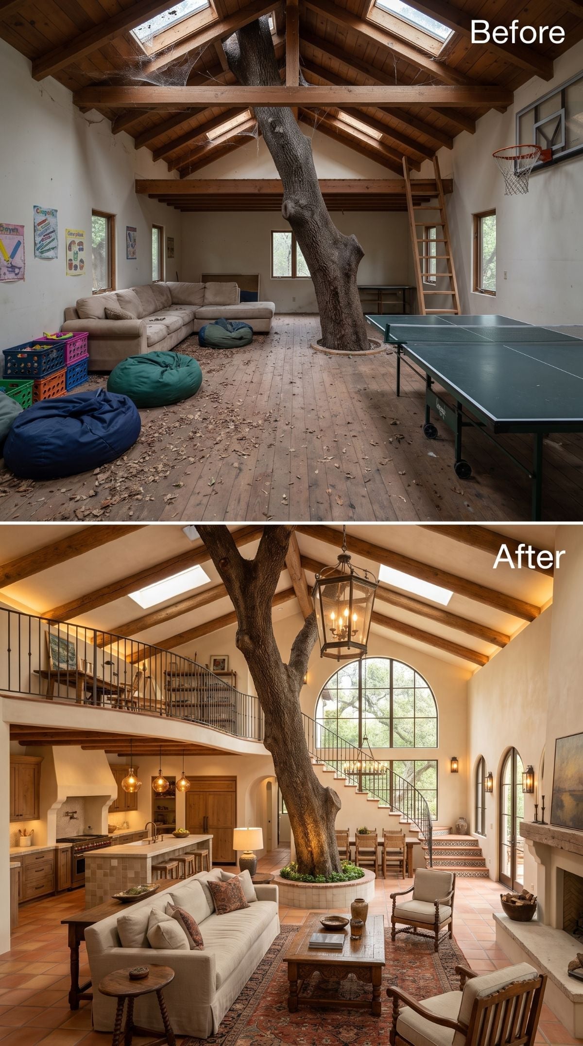 Mediterranean treehouse concept with terracotta flooring, wrought-iron mezzanine rail, raised tree surround, and arched steel-framed window