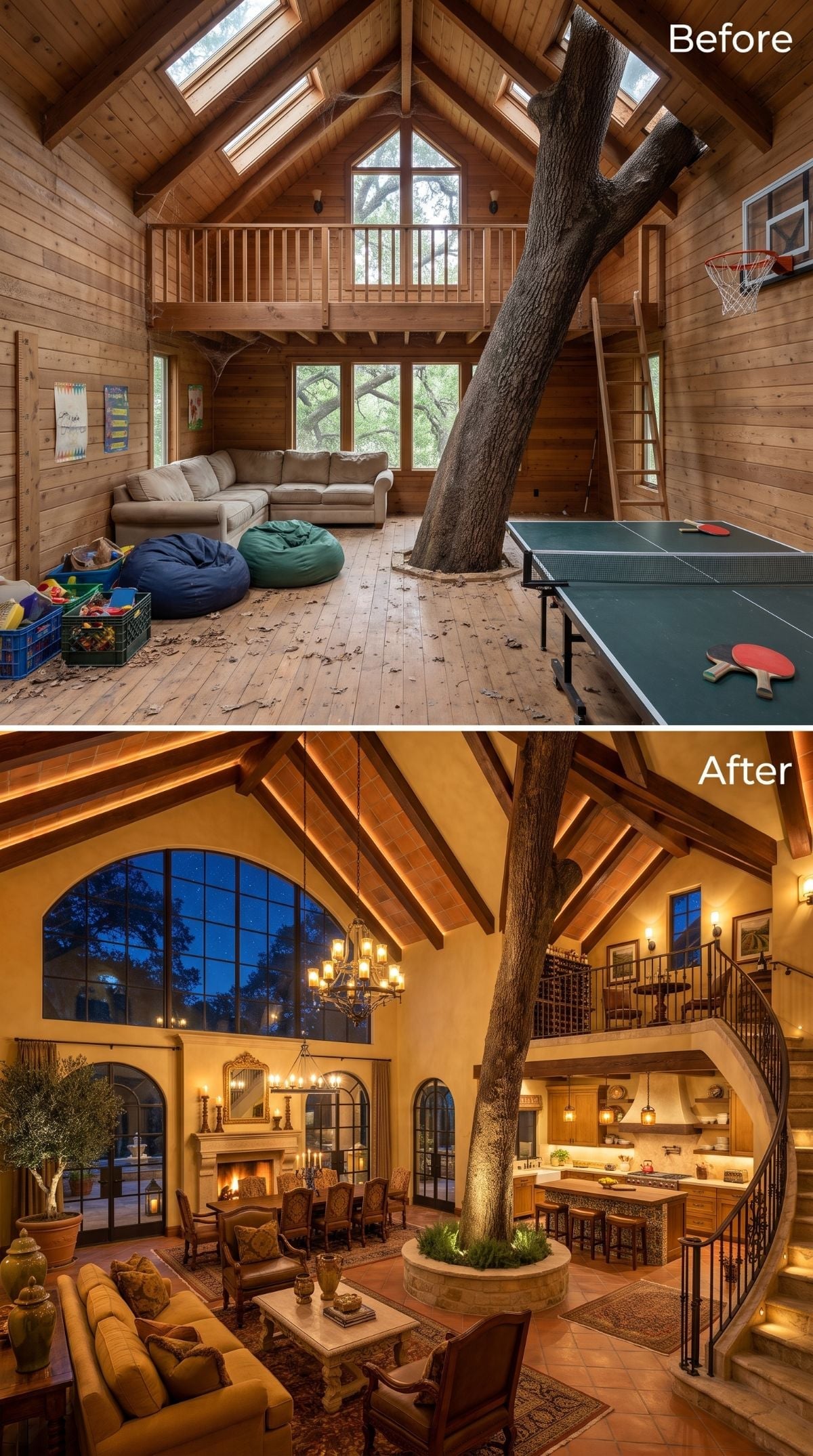 Tuscan-inspired treehouse concept with ochre plaster, stone tree surround, iron spiral stair, fireplace, arched windows, and chandelier