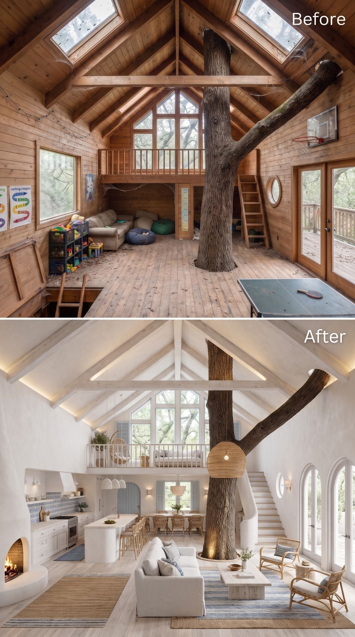 White plaster treehouse concept with woven pendant, linen sofas, cane chairs, kitchen, painted trusses, and living tree
