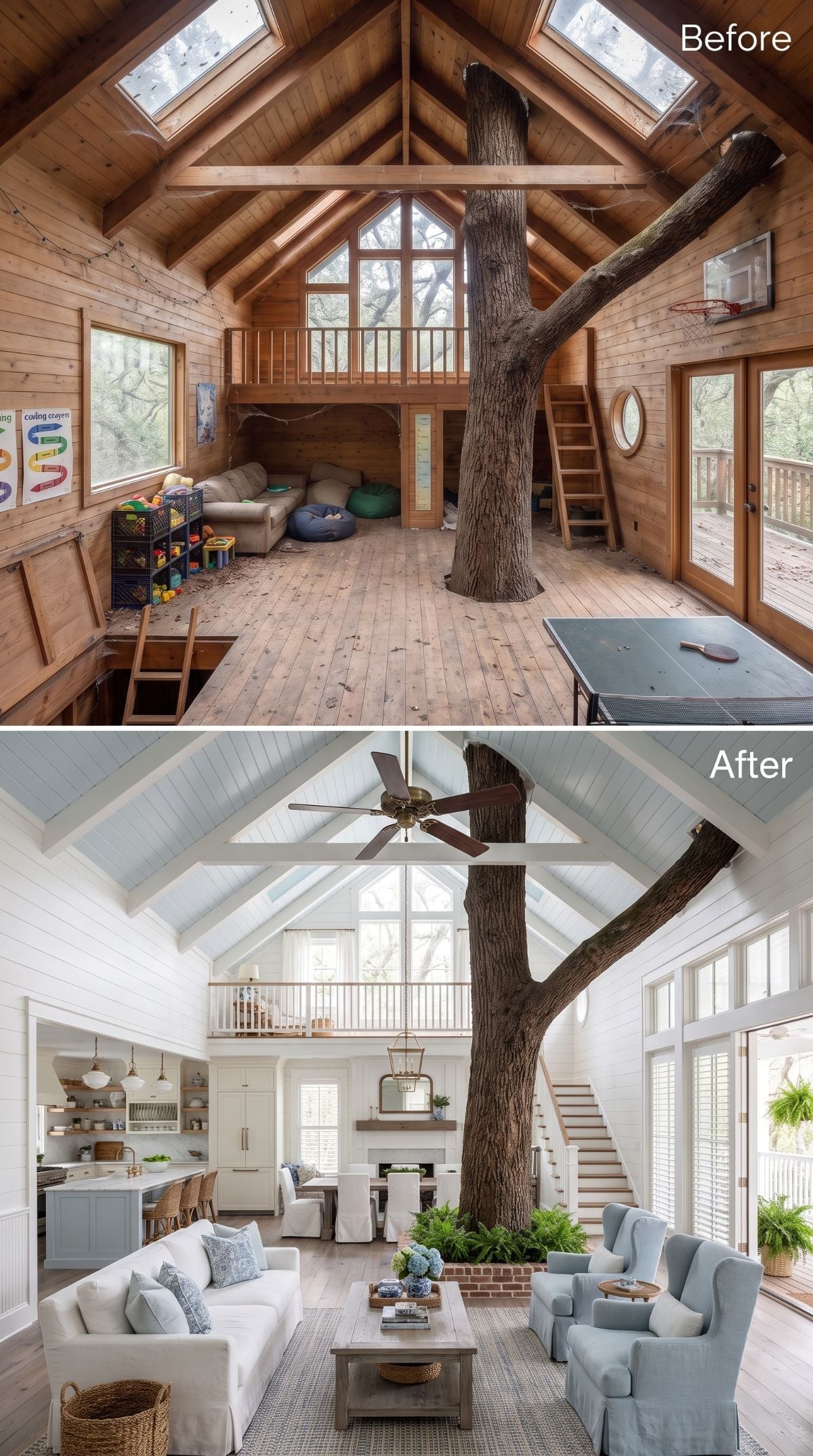 White shiplap treehouse concept with blue wingback chairs, linen sofa, open-shelf kitchen, ferns, lantern pendant, and ceiling fan